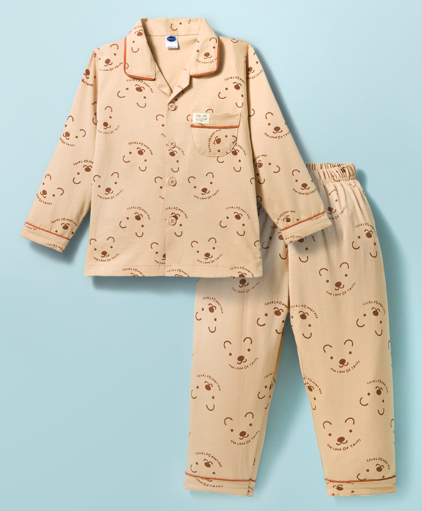 Teddy Sinker Knit Full Sleeves Shirt & Pyjama Co-ord Night Suit With Teddy Print - Brown