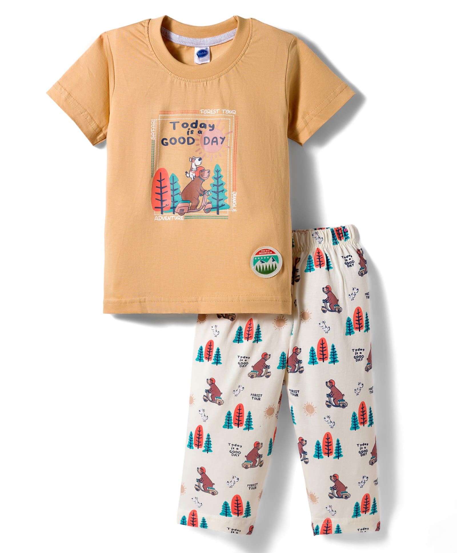 Teddy Sinker Knit Half Sleeves Bear & Text Printed T-Shirt & Pyjama Night Suit - Orange-image-26