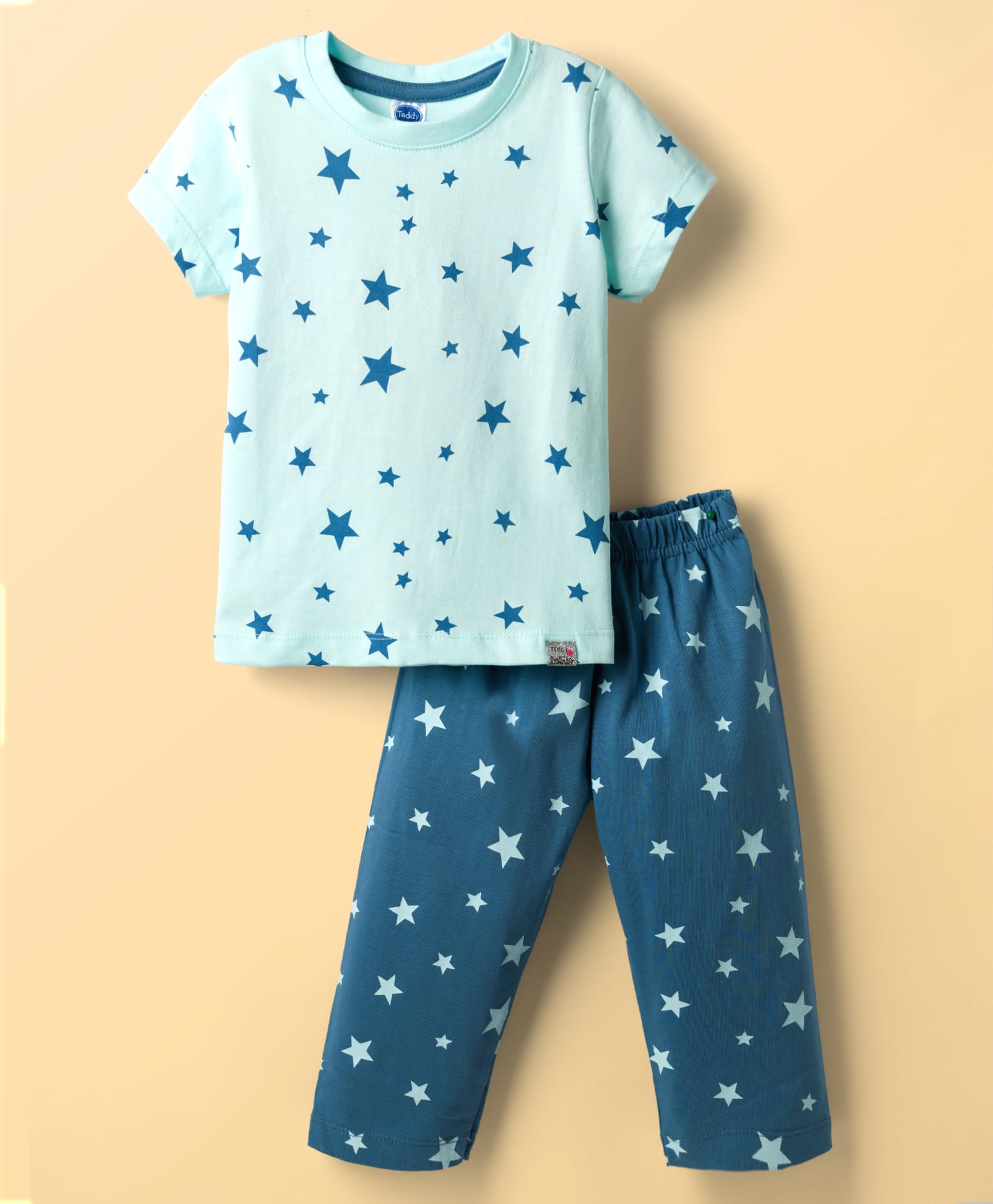 Teddy Sinker Knit Half Sleeves Star Printed T-Shirt & Pyjama Night Suit - Aqua & Navy Blue-image-13