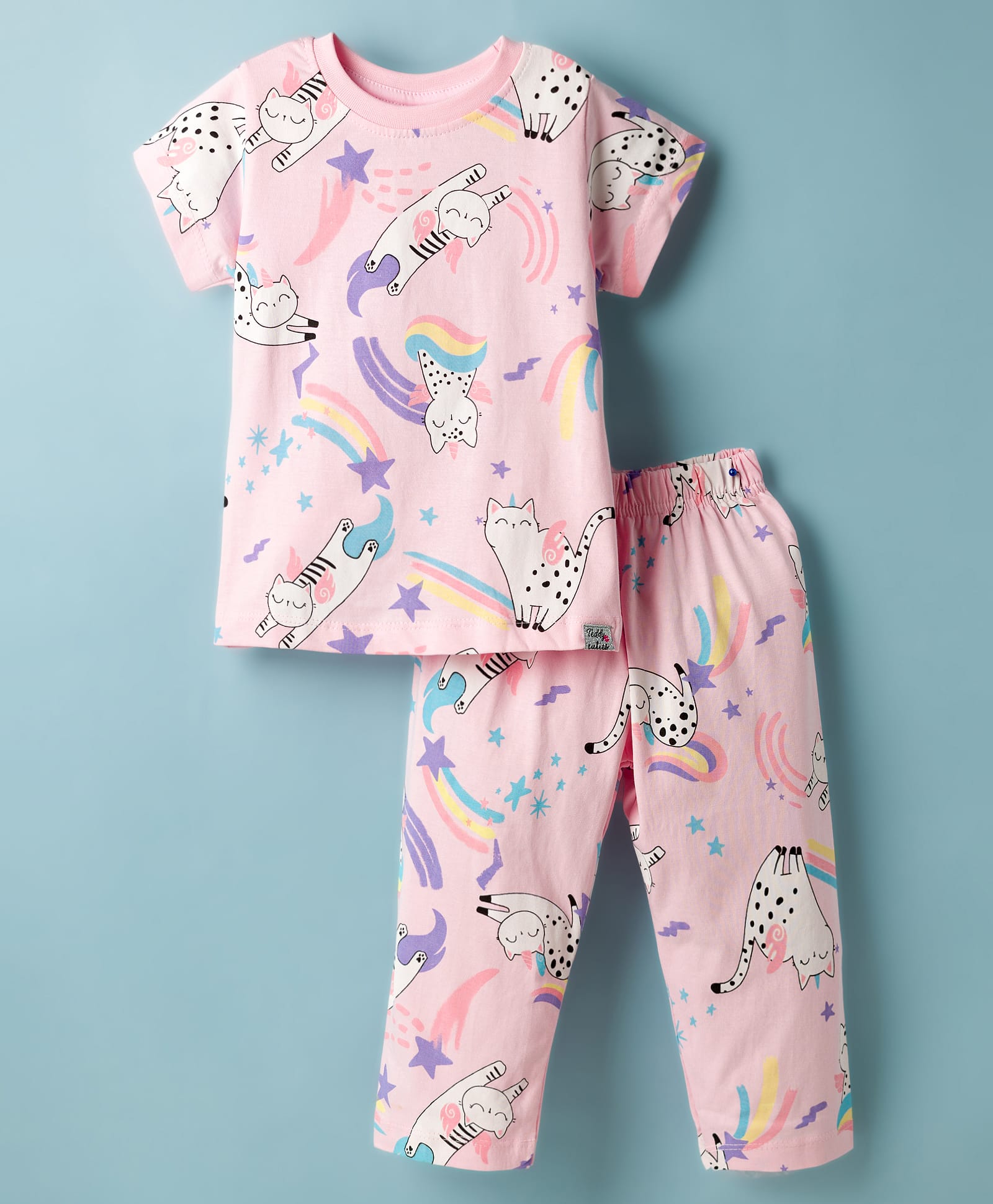 Teddy Sinker Knit Half Sleeves Unicorn & Kitty Printed Co-Ords T-Shirt & Pyjama Night Suit - Pink-image-40