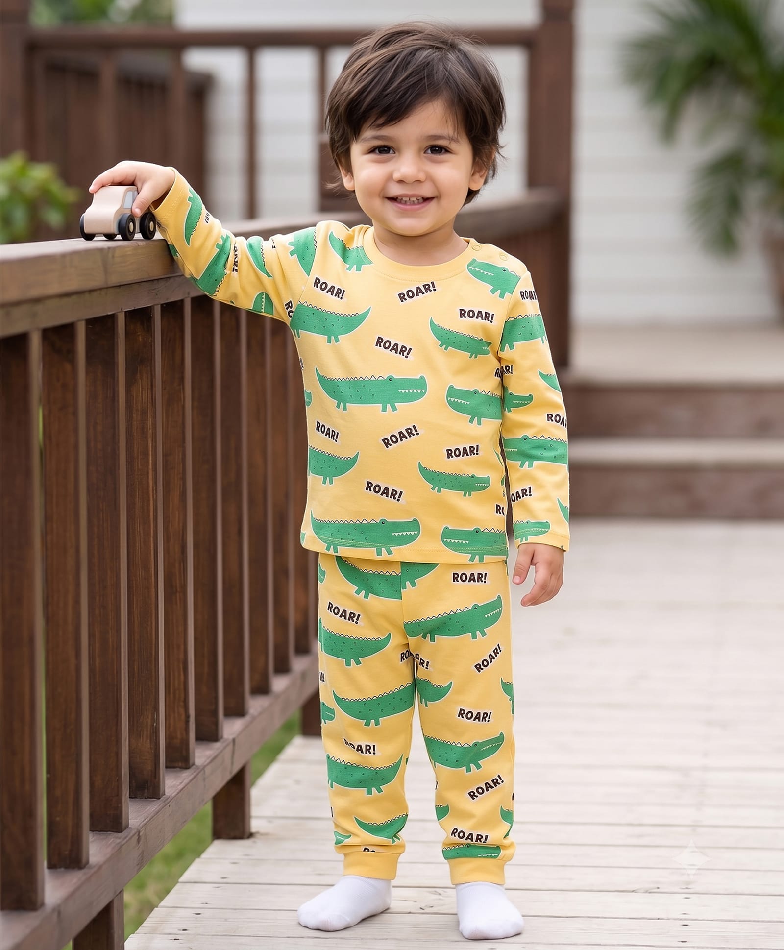 Babyhug Cotton Knit Full Sleeves T-Shirt & Pyjama Co-ord Night Suit With Crocodile Print - Yellow-image-20