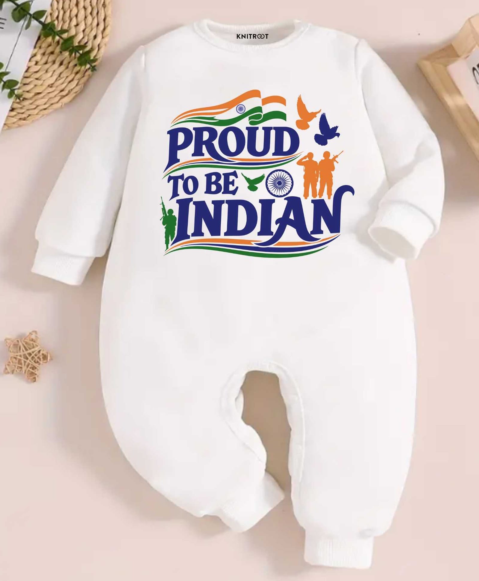 KNITROOT Cotton Knit Republic Day Theme Full Sleeves Proud To Be Indian Text Printed Romper - White-picture-20
