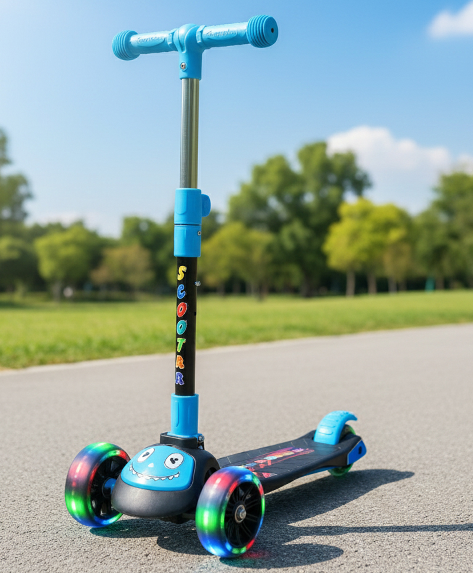 JoyRide Happy 3-Wheeler Scooter | LED Flashing Wheels with 4 Height Adjustable Handle & Brake, Skate Scooter for Kids 3 to 10 Years Boys Girls Blue-image-32