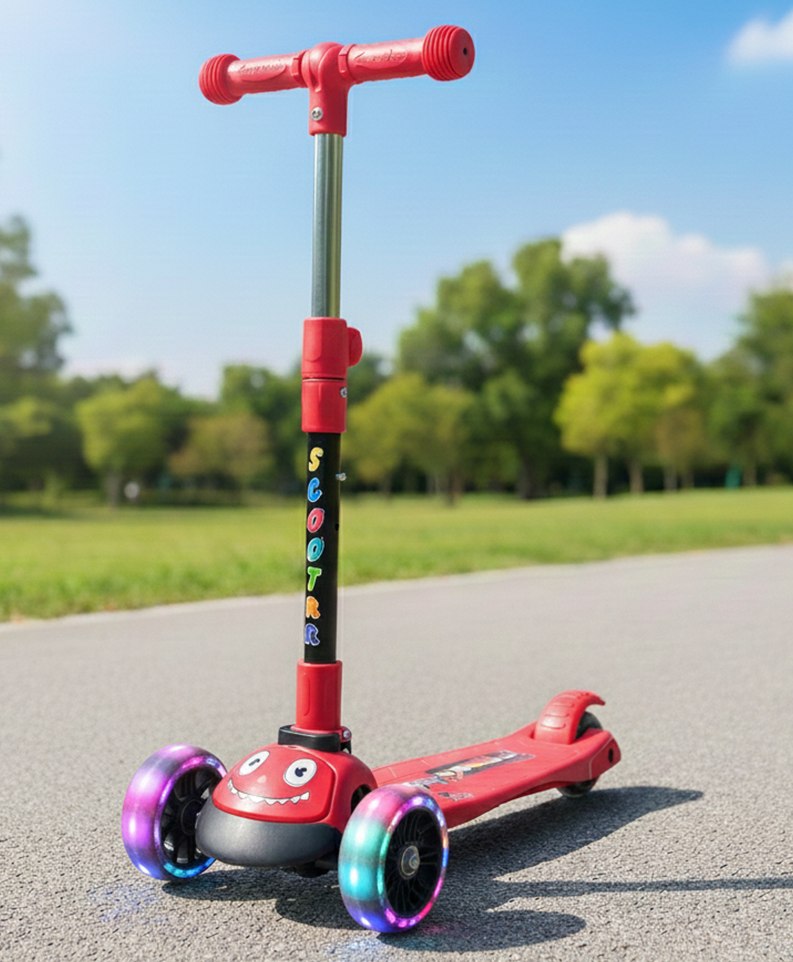 JoyRide Happy 3-Wheeler Scooter | LED Flashing Wheels with 4 Height Adjustable Handle & Brake, Skate Scooter for Kids 3 to 10 Years Boys Girls Red-image-11