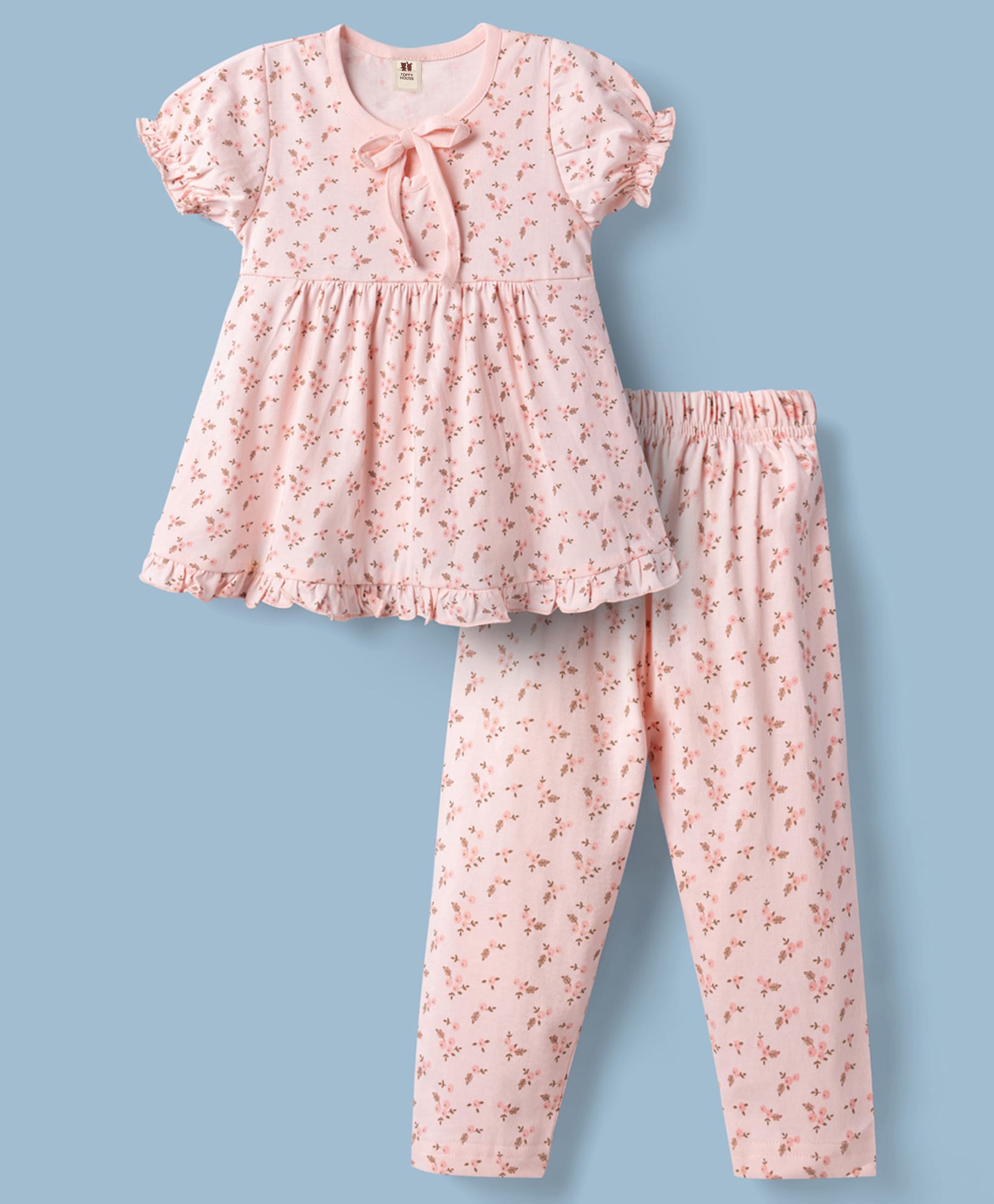 ToffyHouse Single Jersey Knit Half Sleeves Top & Pyjama Co-ord Night Suit With Floral Print - Light Pink-image-41