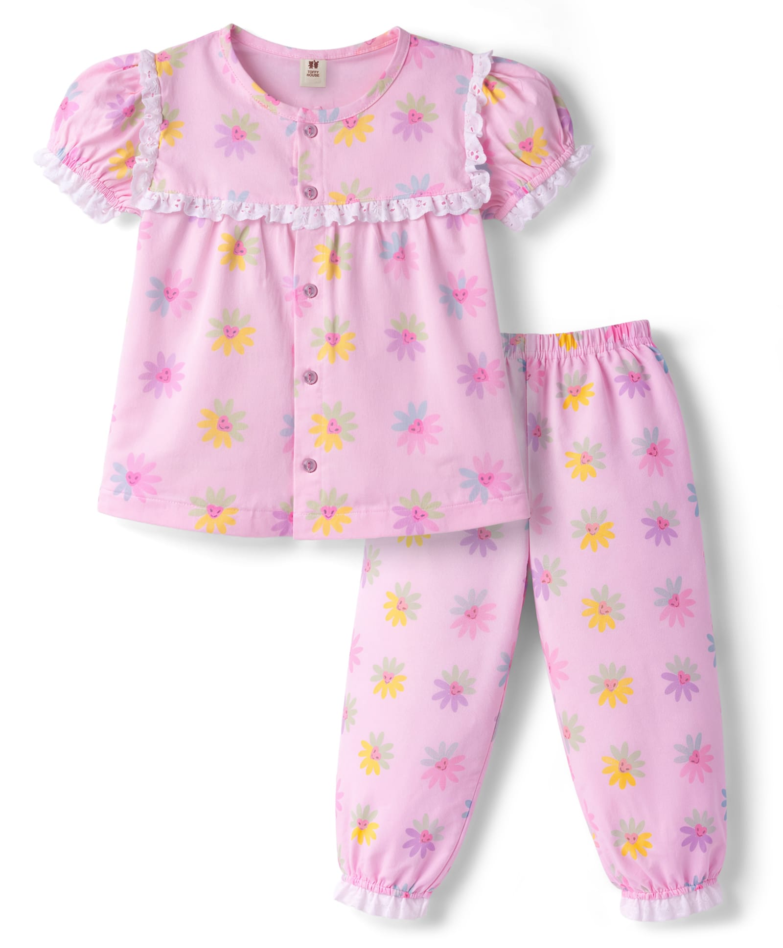 ToffyHouse Single Jersey Knit Half Sleeves Floral Printed Co-Ords Top & Pyjama Night Suit - Baby Pink-picture-15