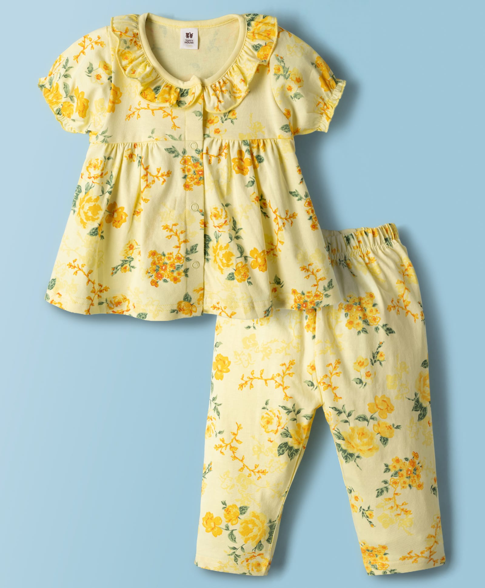 ToffyHouse Single Jersey Knit Half Sleeves Floral Printed Co-Ords Top & Pyjama Night Suit - Yellow-image-24