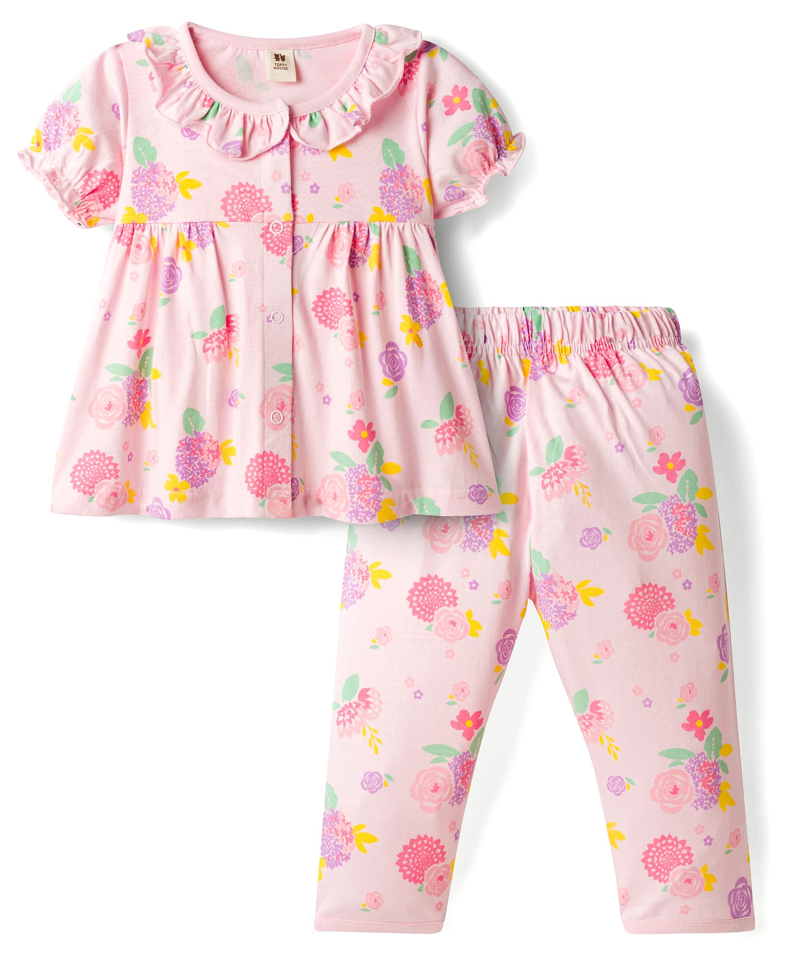 ToffyHouse Single Jersey Knit Half Sleeves Co-Ord Top & Pyjama Night-Suit With Floral Print - Pink-image-43