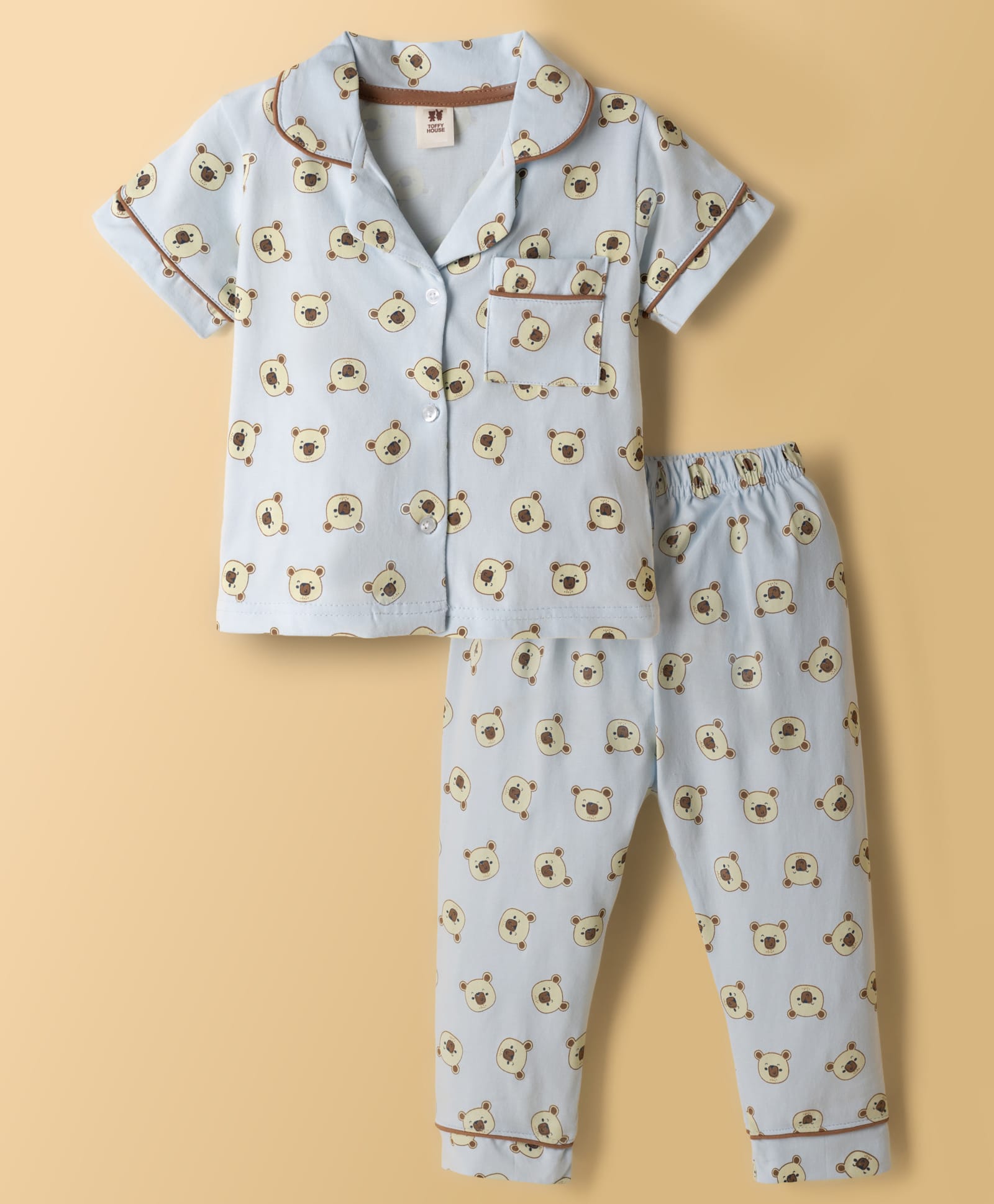 ToffyHouse Single Jersey Knit Half Sleeves Bear Printed Co-Ords Shirt & Pyjama Night Suit - Light Blue-image-46