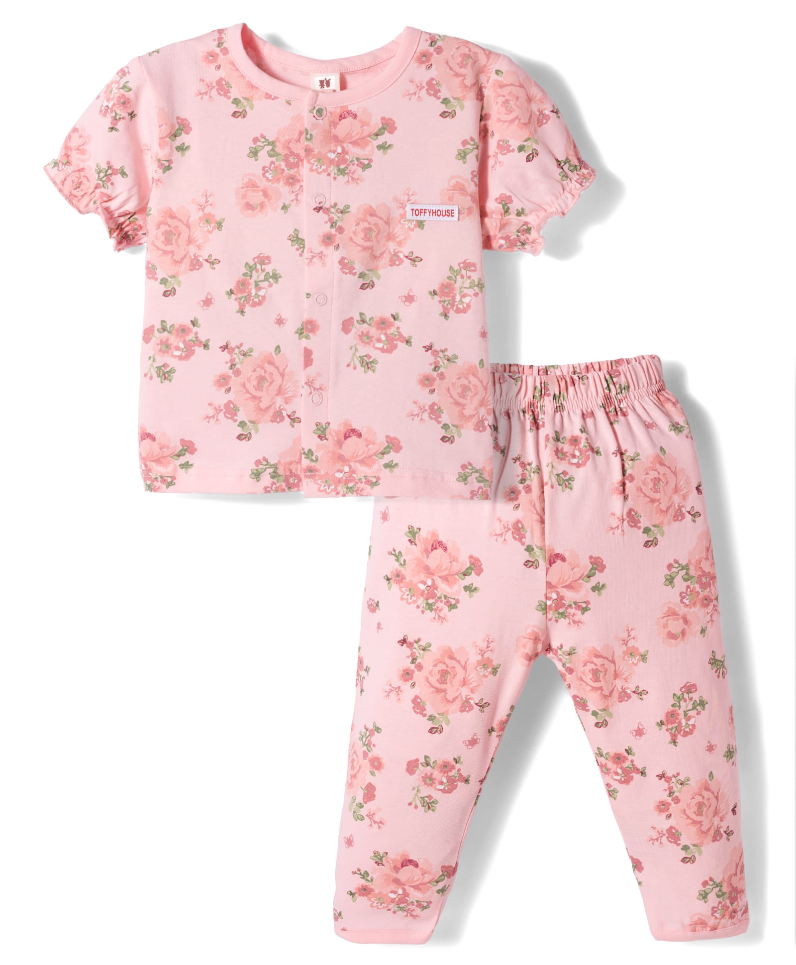 ToffyHouse Single Jersey Knit Half Sleeves Top & Pyjama Co-ord Night Suit With Floral Print - Light Pink-image-42