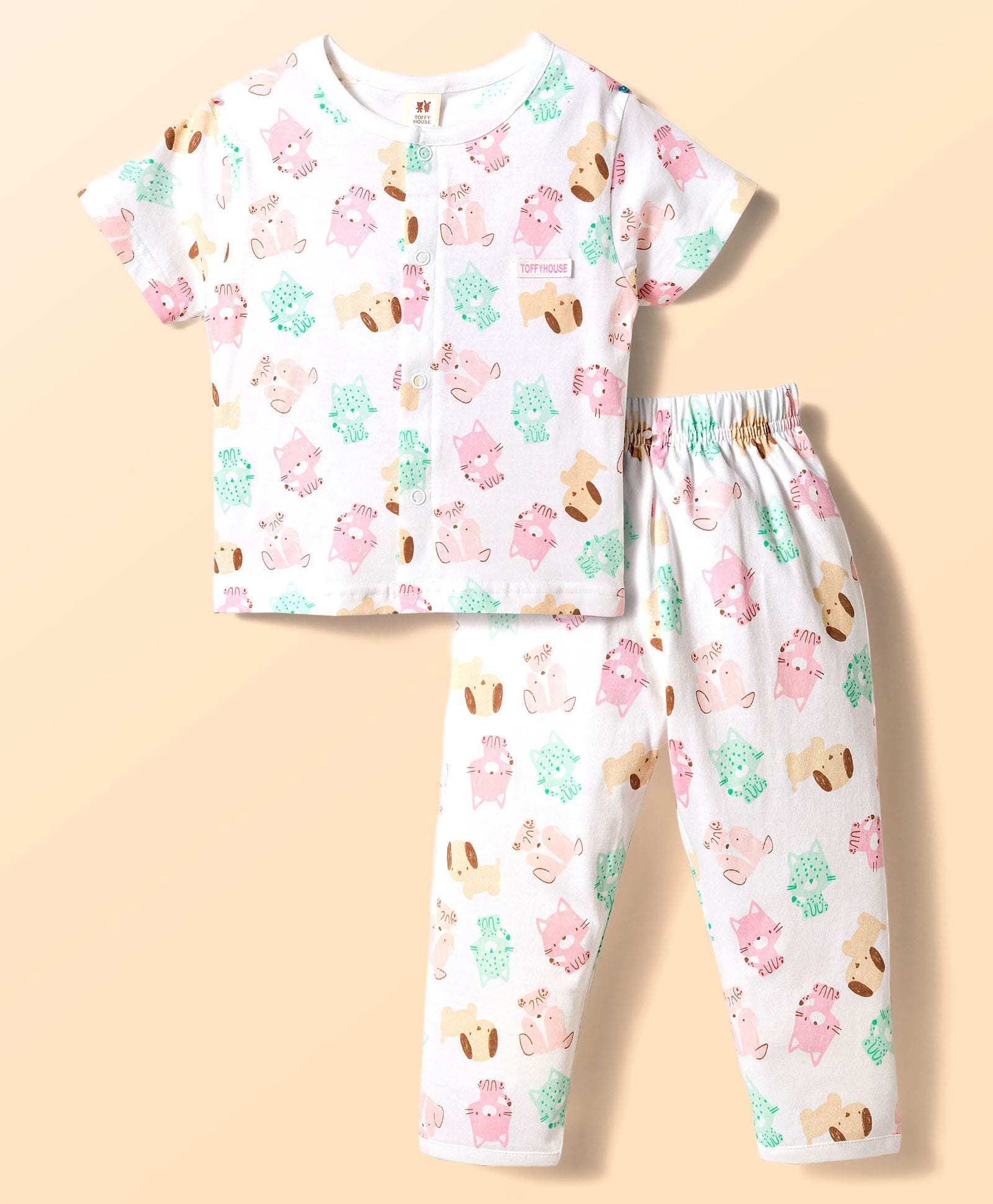 ToffyHouse Single Jresey Knit Half Sleeves Co-Ord T-Shirt & Pajama Night Suit with Animal Print - White-image-31