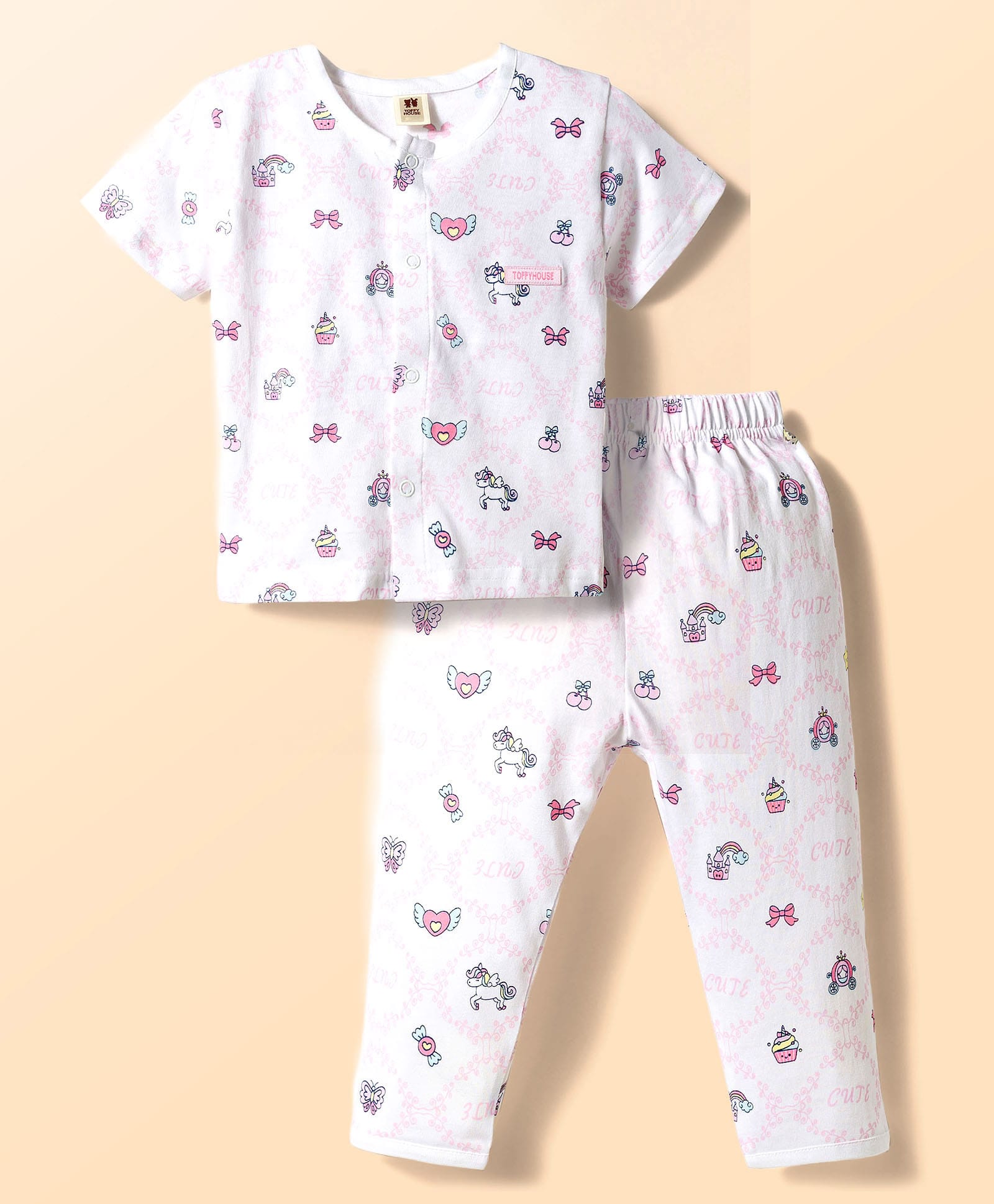 ToffyHouse Single Jersey Knit Half Sleeves Co-Ord T-Shirt & Pajama Night Suit with Unicorn Print - White-image-43