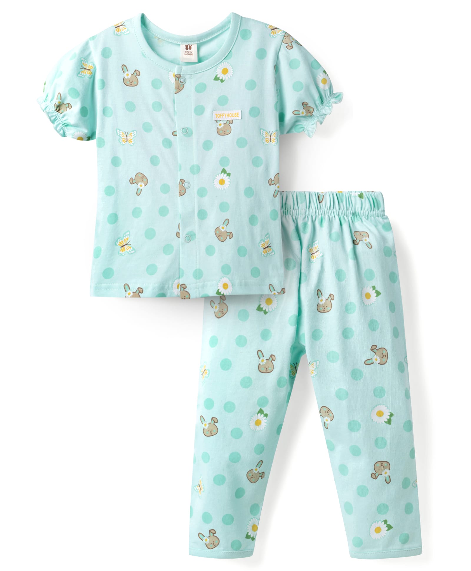 ToffyHouse Single Jersey Knit Half Sleeves T-Shirt & Pyjama Co-ord Night Suit With Bunny & Floral Print - Light Blue-image-37