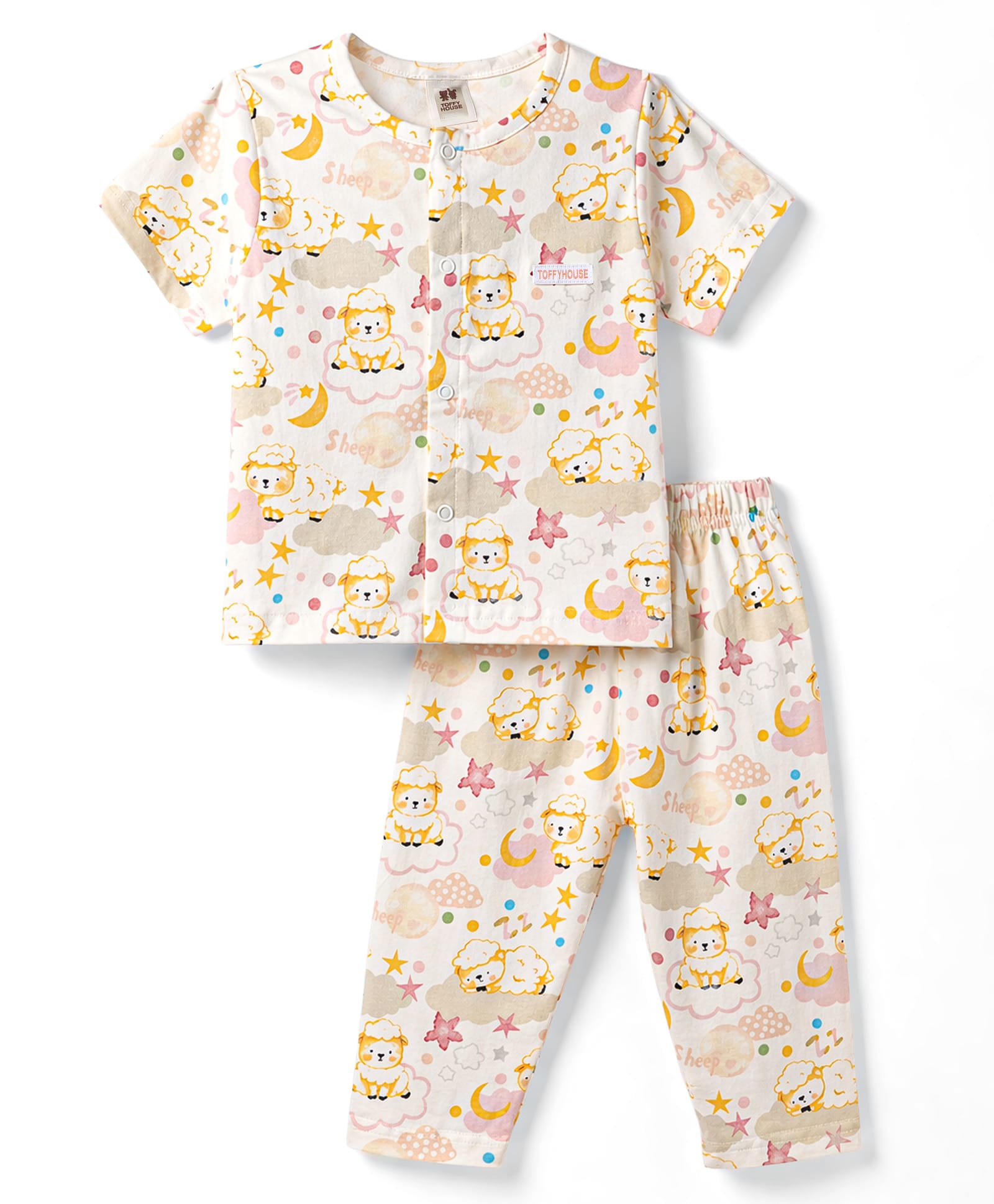 ToffyHouse Single Jersey Knit Half Sleeves Sheep Printed Co-Ords T-Shirt & Pyjama Night Suit - OffWhite-picture-7