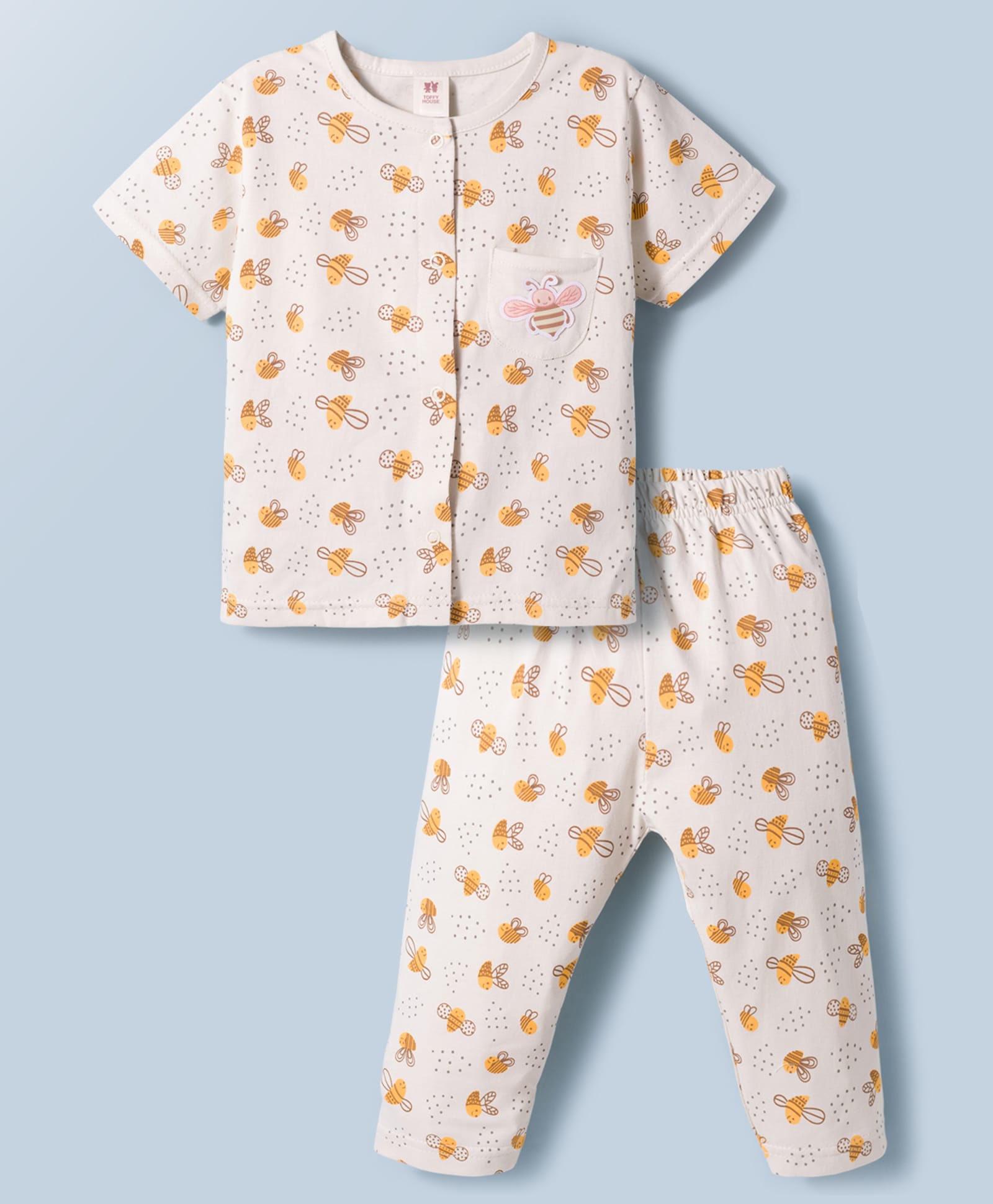 ToffyHouse Single Jersey Knit Half Sleeves T-Shirt & Pyjama Co-ord Night Suit With Honeybee Print - Off White-picture-22