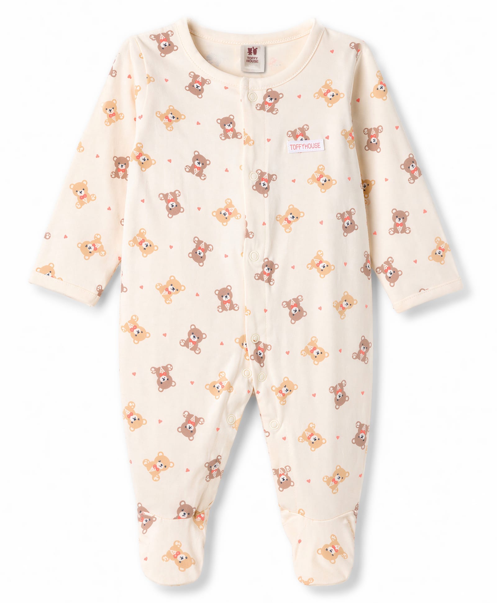 ToffyHouse Single Jersey Knit Full Sleeves Footed Sleep Suit Bear Print - Off White-image-29