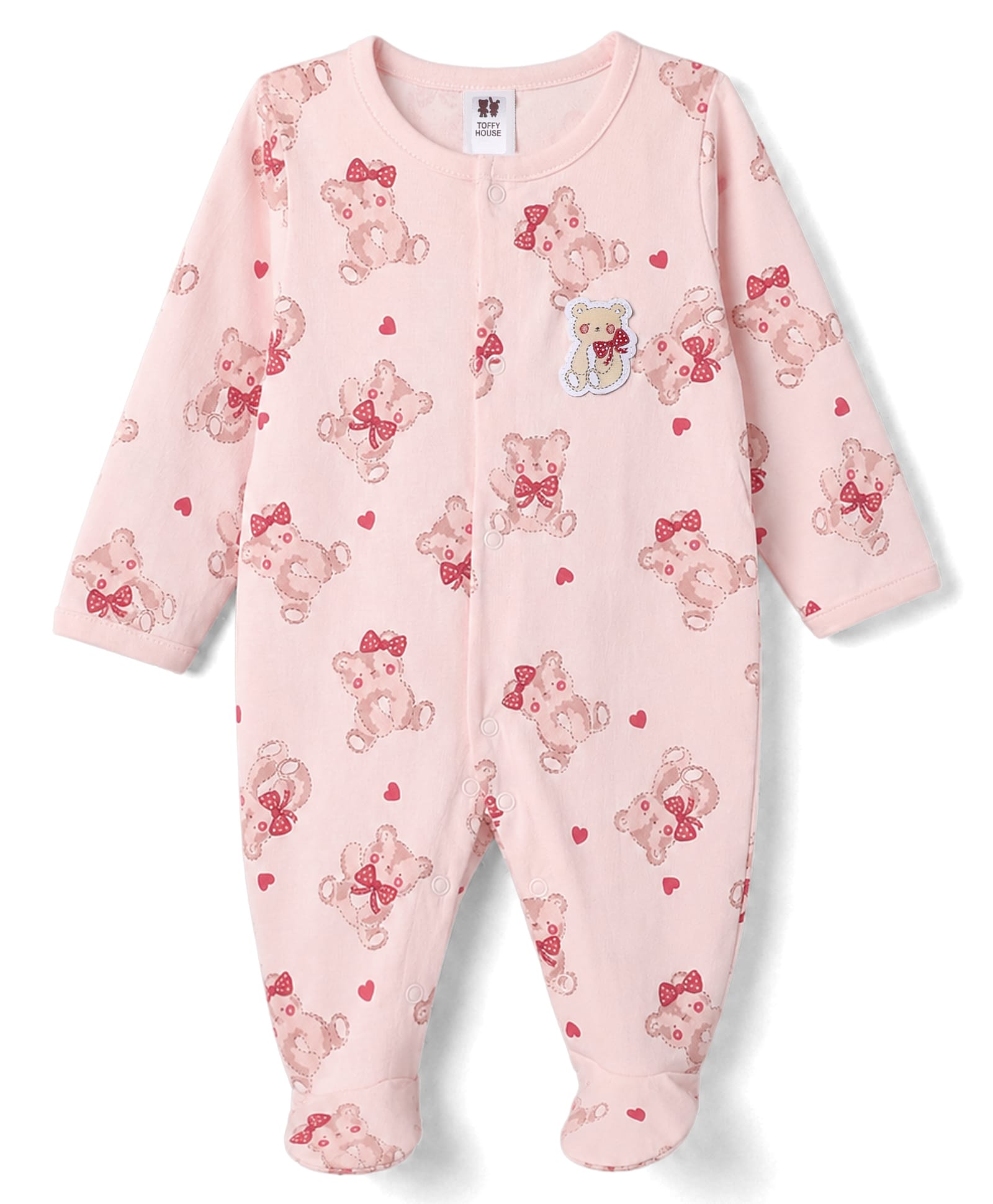 ToffyHouse Single Jersey Knit Full Sleeves Footed Sleepsuit With Bear Print - Pink-image-15