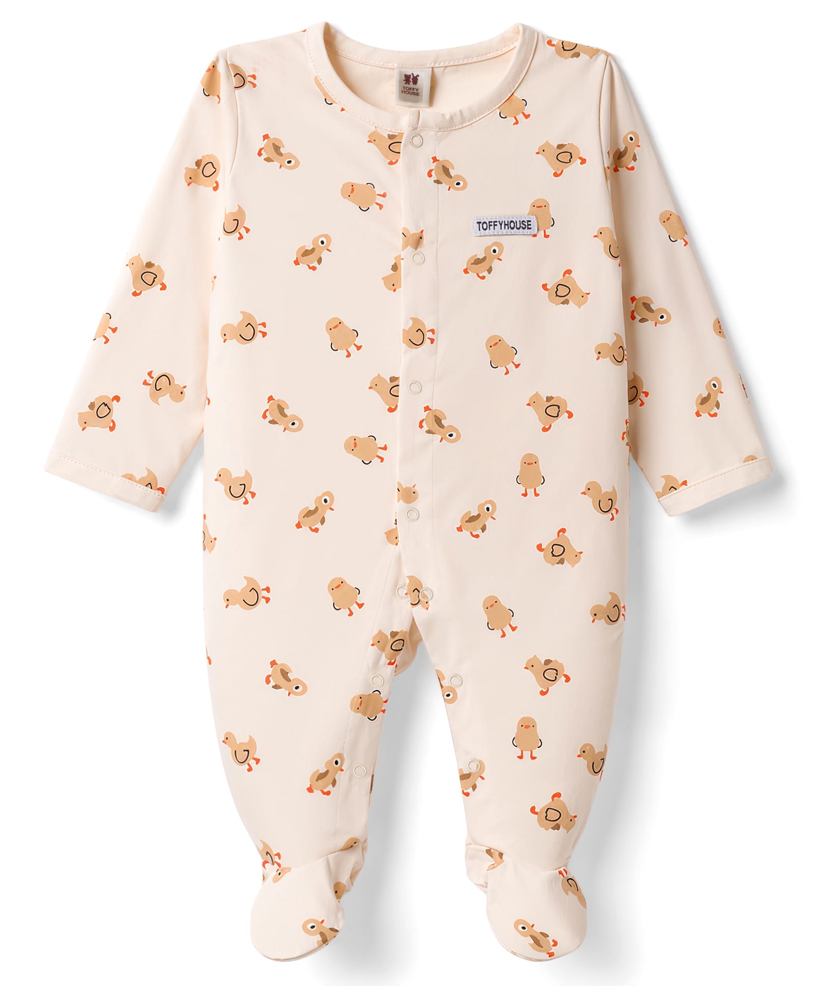 ToffyHouse Single Jersey Knit Full Sleeves Birds Printed Footed Sleepsuit - Beige-image-17