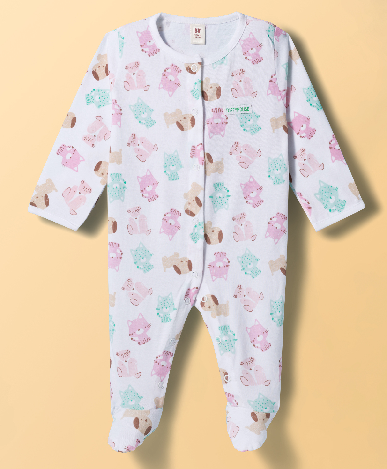 ToffyHouse Single Jersey Knit Full Sleeves Footed Sleepsuit with Toys Print & Patch - White-picture-7