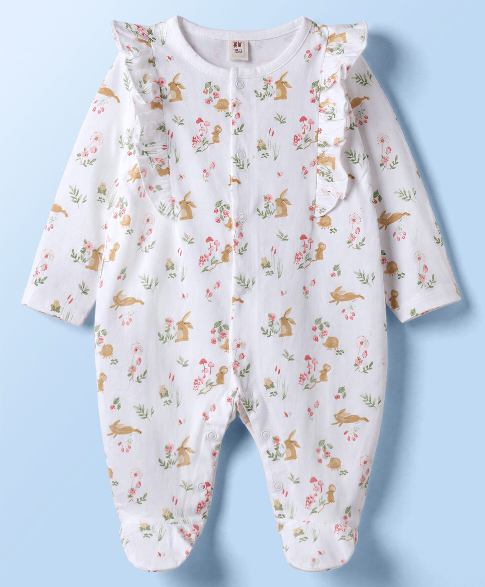ToffyHouse Single Jersey Knit Full Sleeves Footed Sleep Suit with Floral & Bunny Print - Off White-picture-19