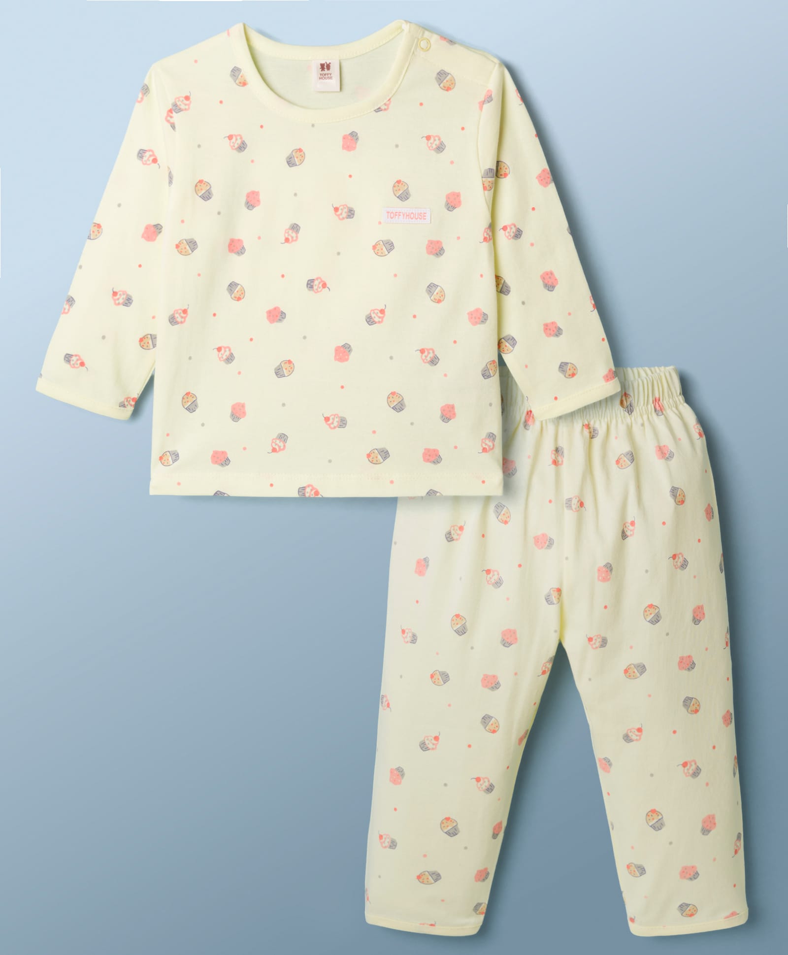 ToffyHouse Single Jersey Knit Full Sleeves Cupcake Printed Co-Ords T-Shirt & Pyjama Night Suit - Light Yellow-picture-27