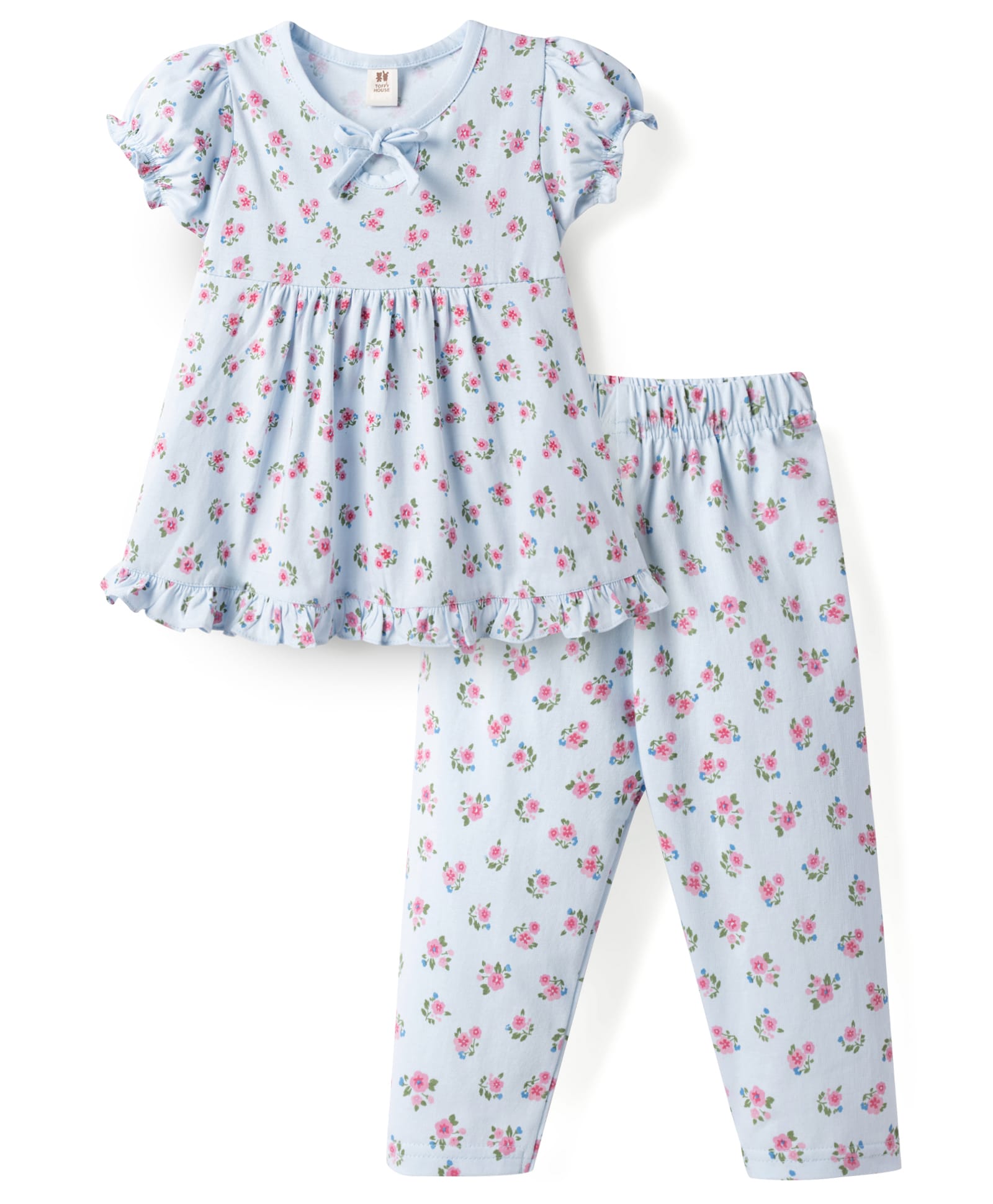 ToffyHouse Single Jersey Knit Half Sleeves Top & Pyjama Co-ord Night Suit With Floral Print - Light Blue-picture-11