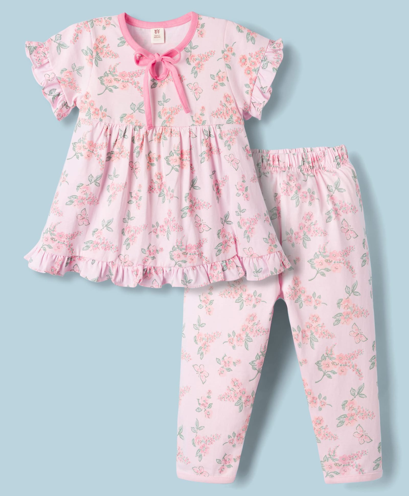 ToffyHouse Single Jersey Knit Half Sleeves Co-Ords Floral Printed Pyjama Night Suit - Pink-image-33