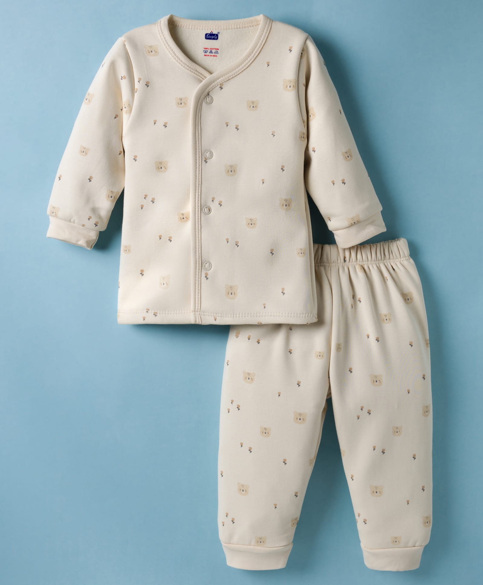 Simply Fleece Knit Full Sleeves T-Shirt & Joggers Co-Ord Winter Night Suit With Bear & Floral Print - Cream