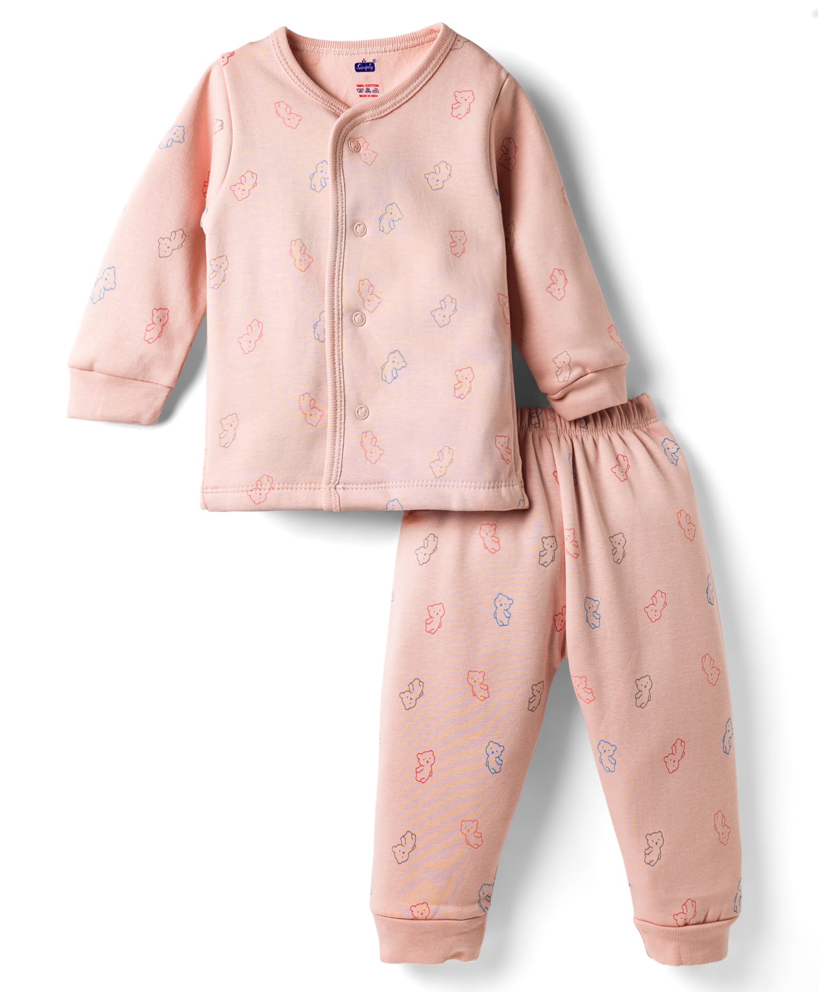 Simply Fleece Knit Full Sleeves T-Shirt & Joggers Co-Ord Winter Night Suit With Teddy Bear Print - Peach