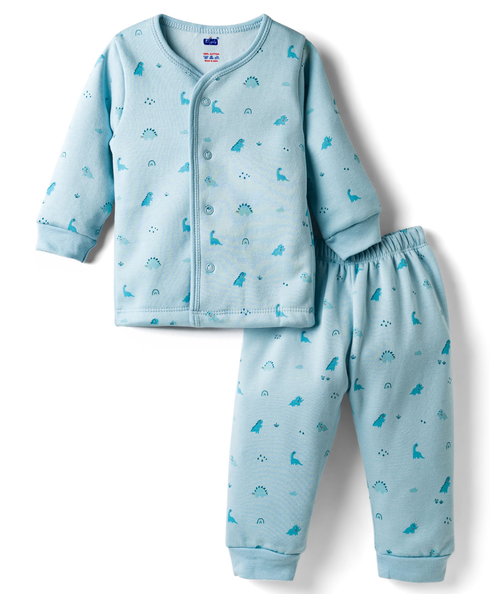 Simply Fleece Knit Full Sleeves Dino Printed T-Shirt & Joggers Co-Ord Winter Night Suit - Light Blue-picture-18