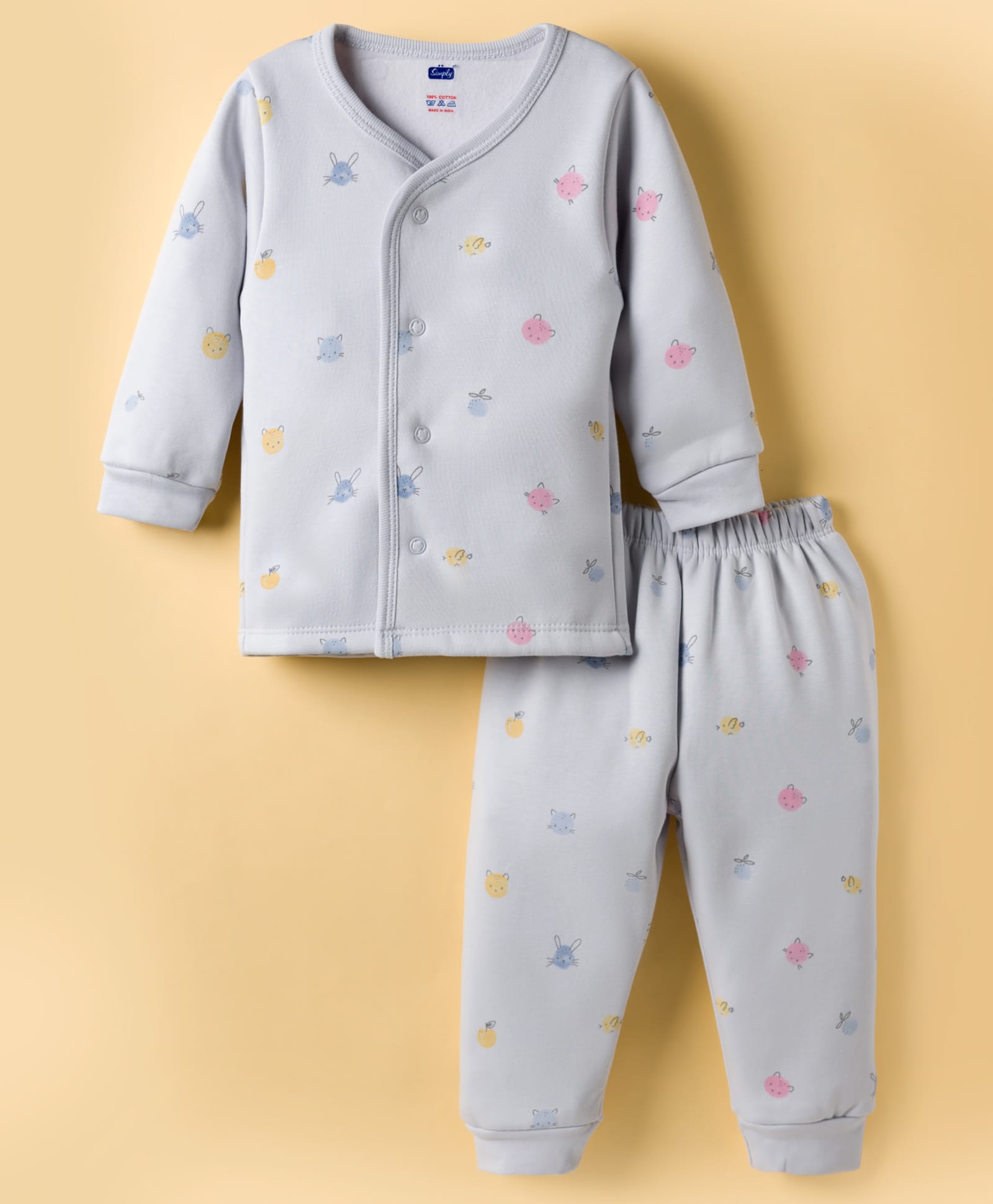Simply Fleece Knit Full Sleeves T-Shirt & Joggers Co-Ord Winter Night Suit With Animal Print - Grey-image-49