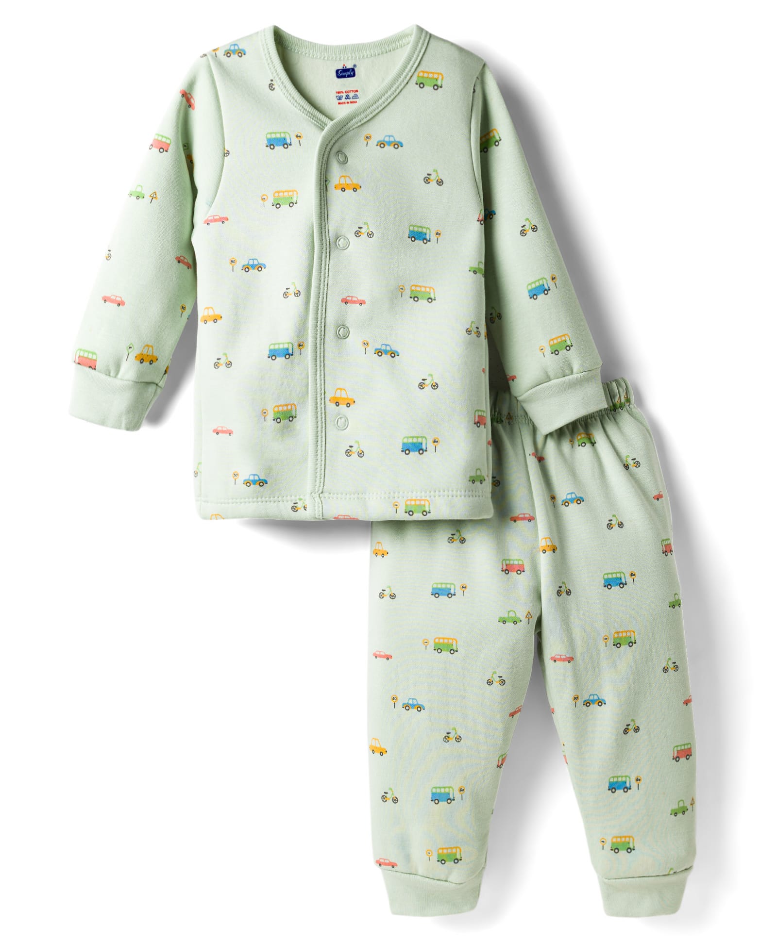Simply Fleece Knit Full Sleeves T-Shirt & Joggers Co-Ord Winter Night Suit With Vehicles Print - Light Green-image-48