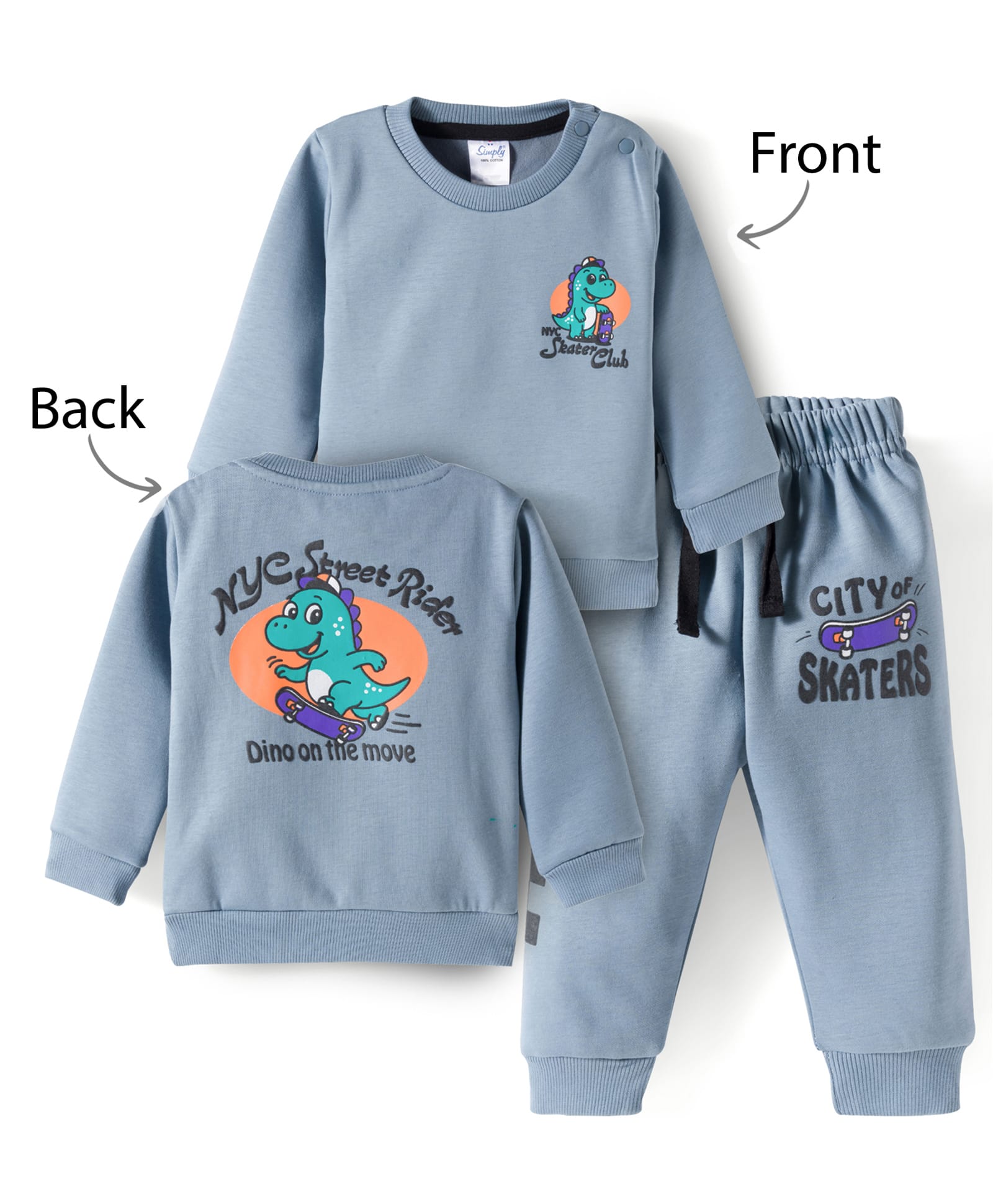 Simply Fleece Knit Full Sleeves Winter Wear Suit with Front & Back Dino Print - Light Blue-picture-25