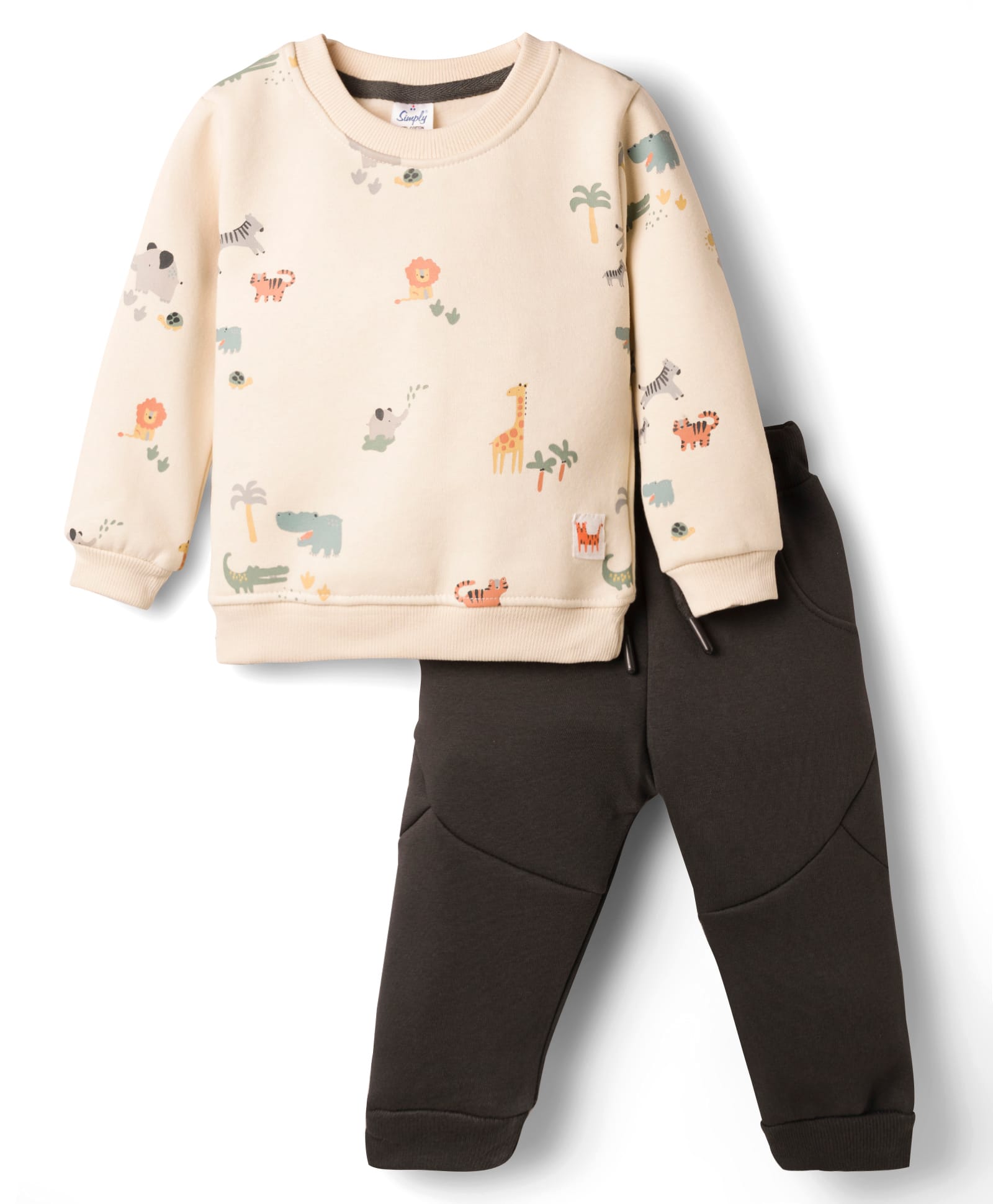 Simply Fleece Knit Full Sleeves Winter Wear Suit with Jungle Theme Print - Cream