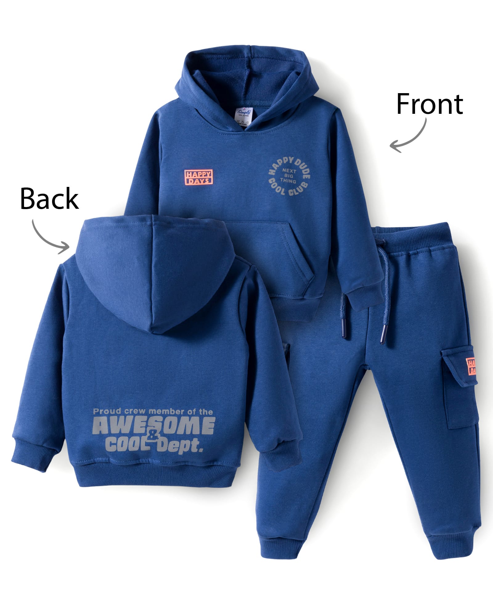 Simply Fleece Knit Full Sleeves Hooded Winter Wear Suit with Front & Back Text Print - Blue-image-12