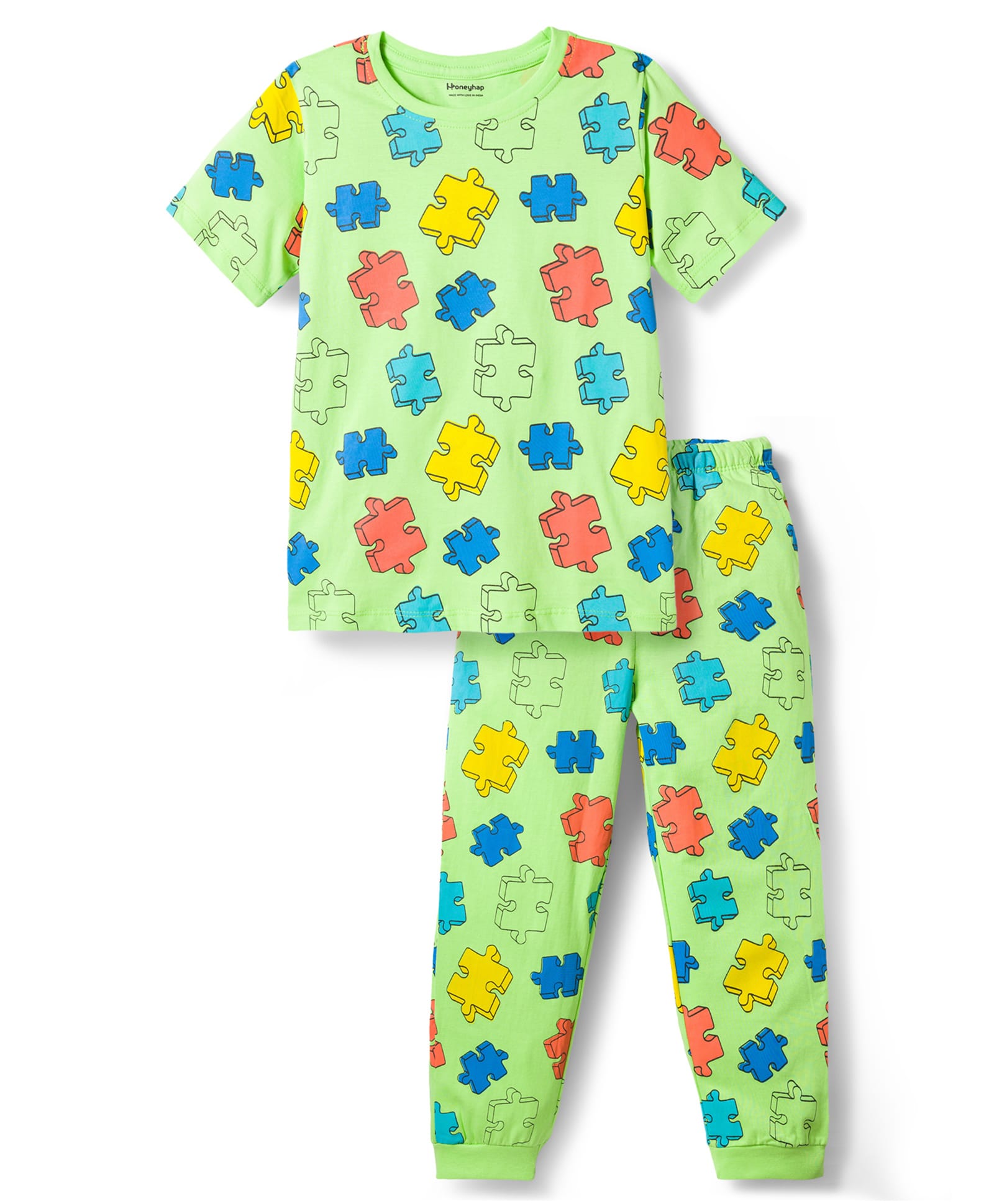 Honeyhap Premium 100% Cotton Knit Half Sleeves Printed Co-ord T-Shirt Pyjama Night Suit - Sap Green-image-33