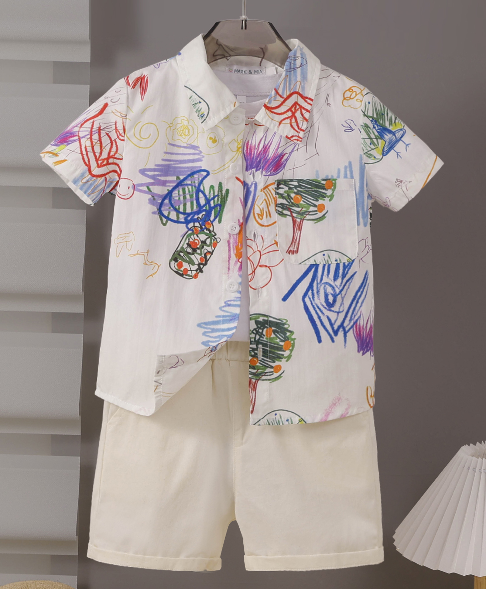 Mark & Mia Cotton Half Sleeves Shirt & Shorts Set with Painting Print - Multicolor-image-19