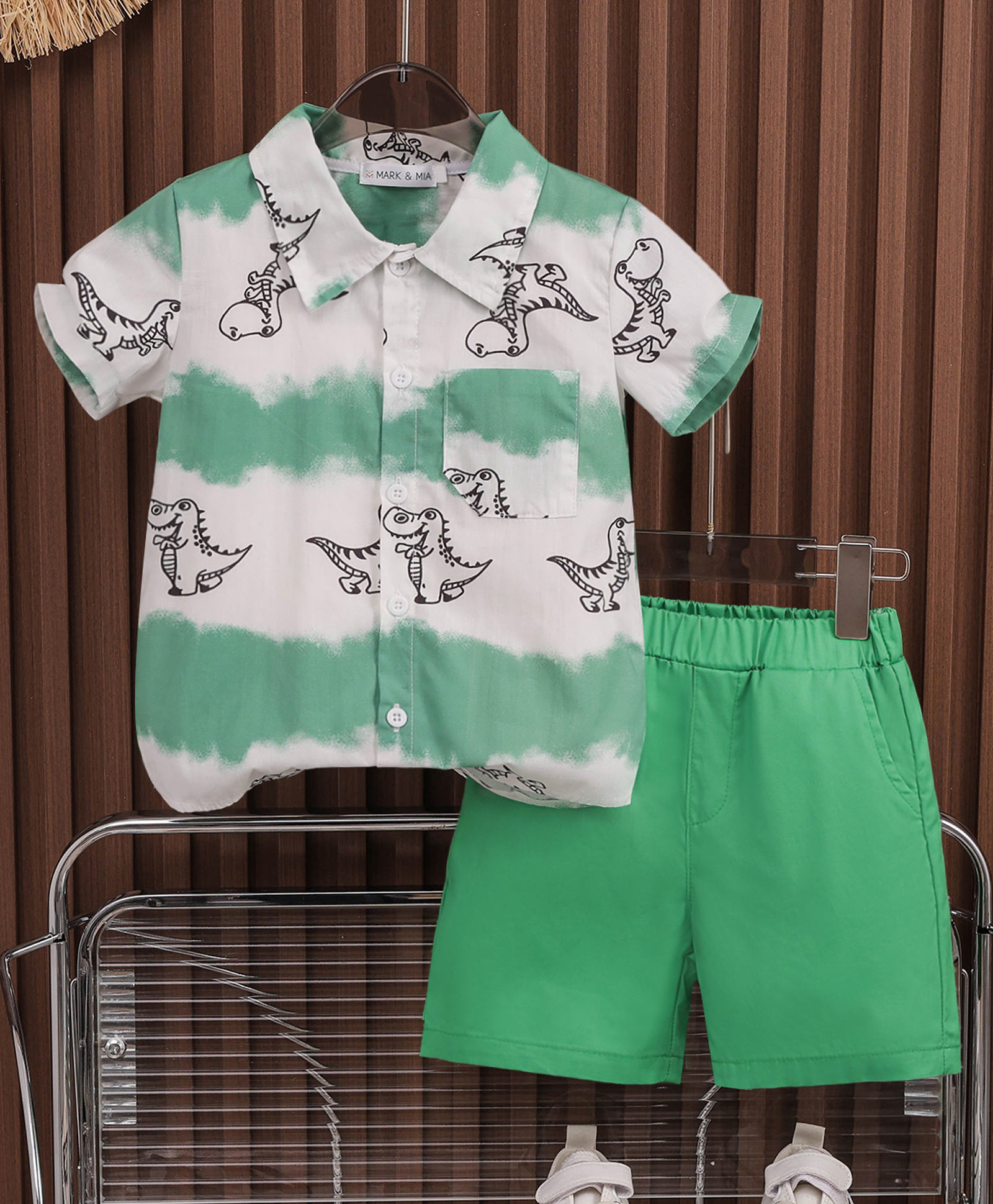 Mark & Mia Cotton Half Sleeves Shirt & Shorts Set with Dino Print - Sea Green-image-41