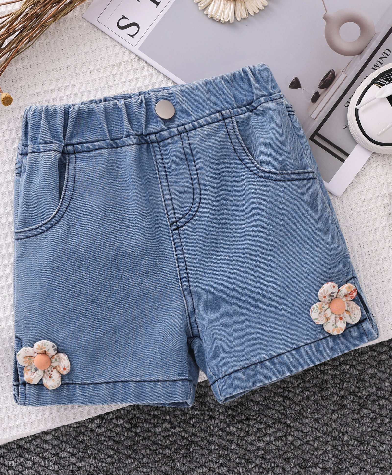 Mark & Mia Cotton Solid Shorts With Floral Applique -Light Blue-picture-14