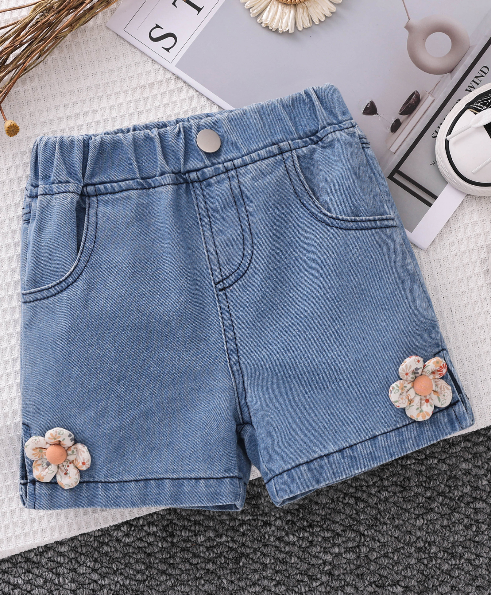 Mark & Mia Cotton Knee Length Washed Shorts with Floral Applique - Blue-picture-16