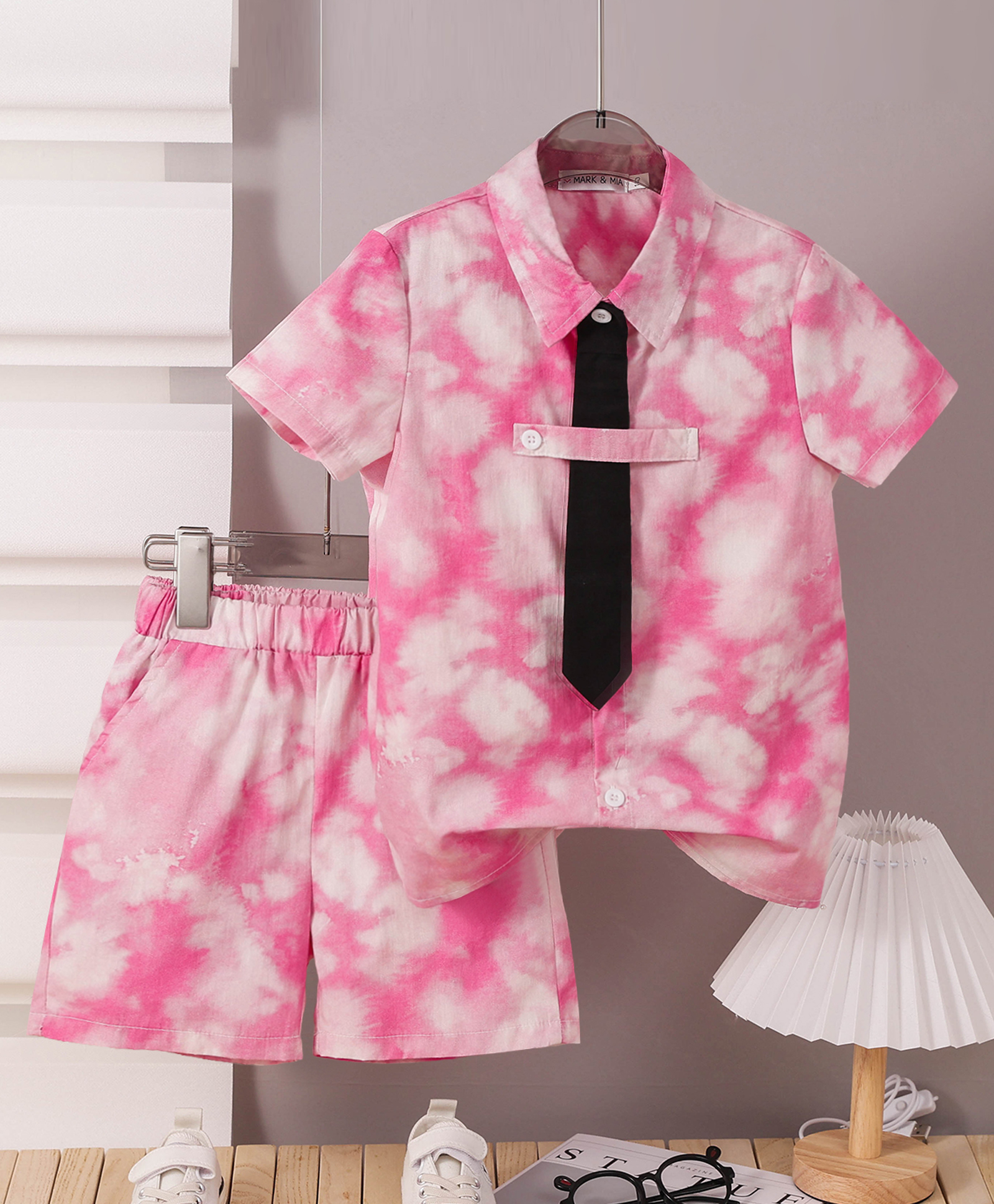 Mark & Mia Cotton Half Sleeves Tie & Dye Shirt & Shorts Set with Attached Tie - Pink-image-17