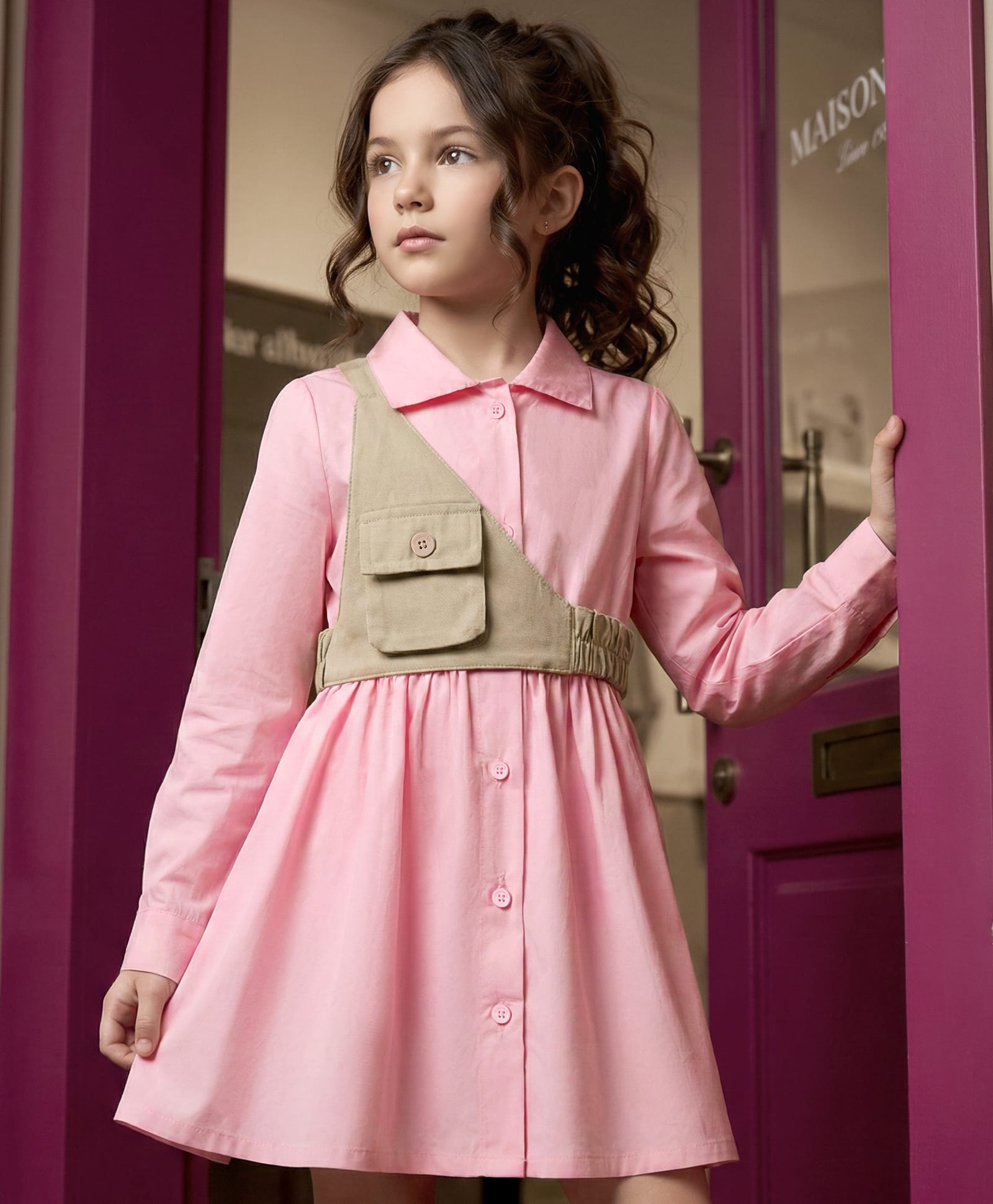 OLLINGTON ST. Cotton Woven Full Sleeve Solid Color Frock with Jacket - Pink & Beige-image-27