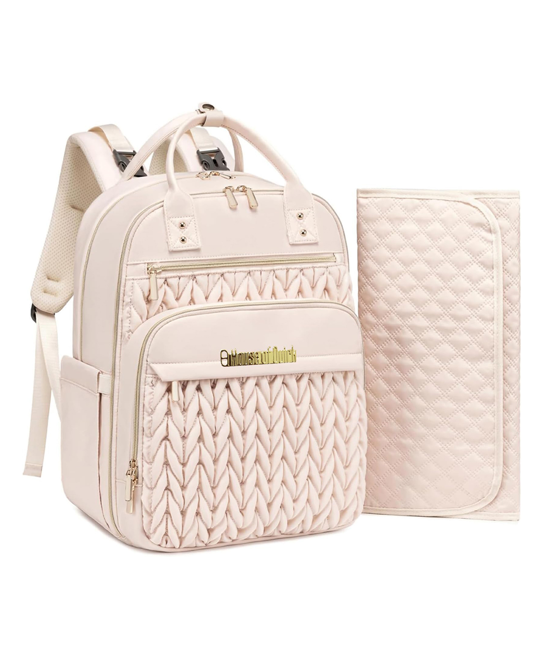 House of Quirk Diaper Bag Backpack for Baby Waterproof Travel Baby Bag with Changing Pad Insulated Bottle Pockets & Stroller Straps - Beige-image-1