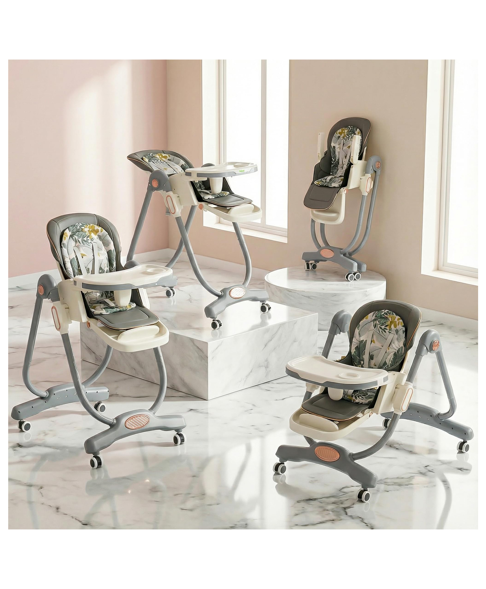 BAYBEE Tropihigh 3-in-1 High Chair with Adjustable Height, Dining & Lounge Modes, Multi-Gear Backrest, One-Click Folding, Food & Toys Tray, 5-Point Harness & 360° Castor Wheels - Grey-image-4