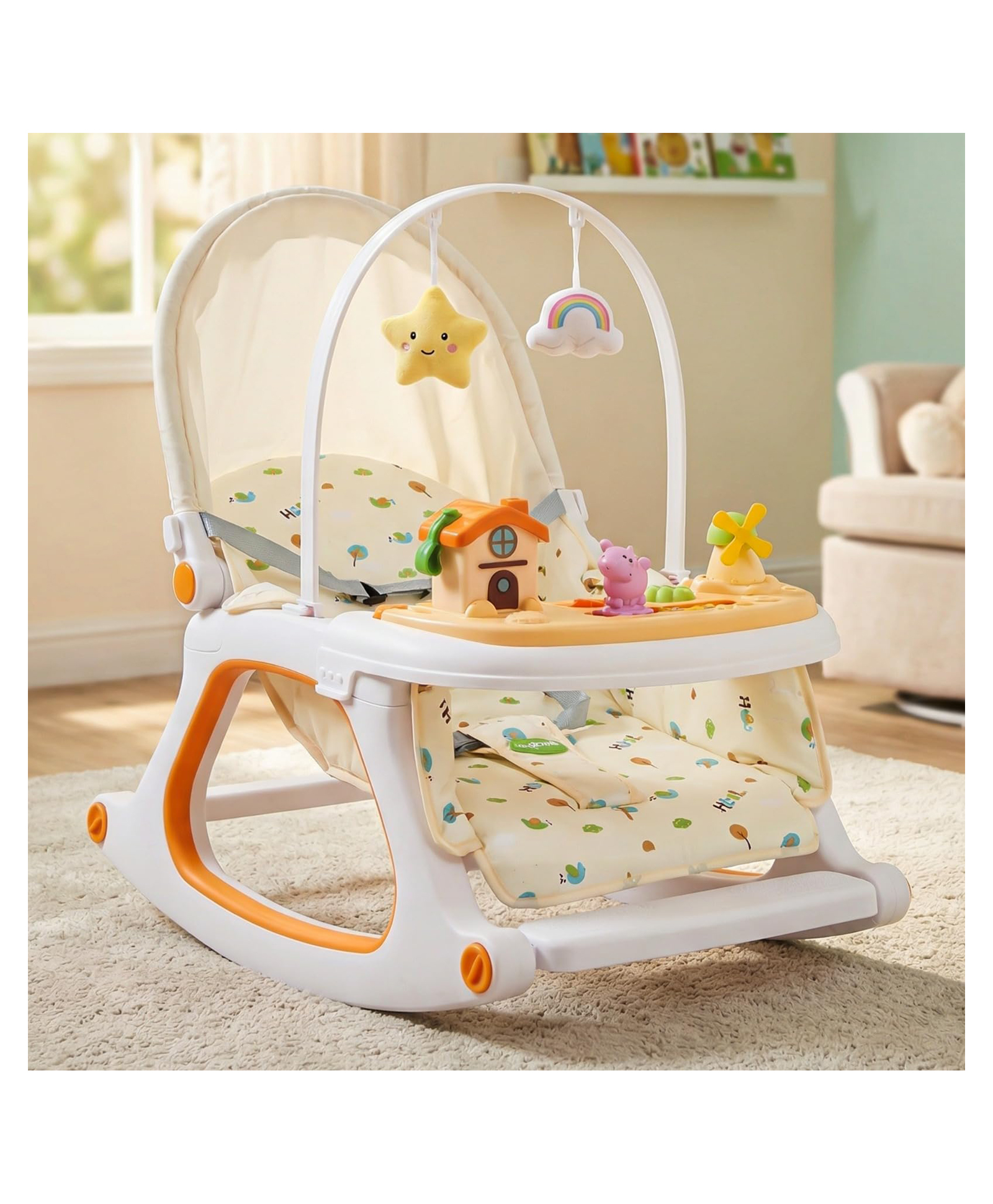 Baybee 3 in 1 Baby Rocker & Feeding Chair | Soothing Rocking Motion with Adjustable Recline, Removable Food & Toy Tray, Safety Harness | Baby Rocker for 0 to 3 Years (Yellow)
