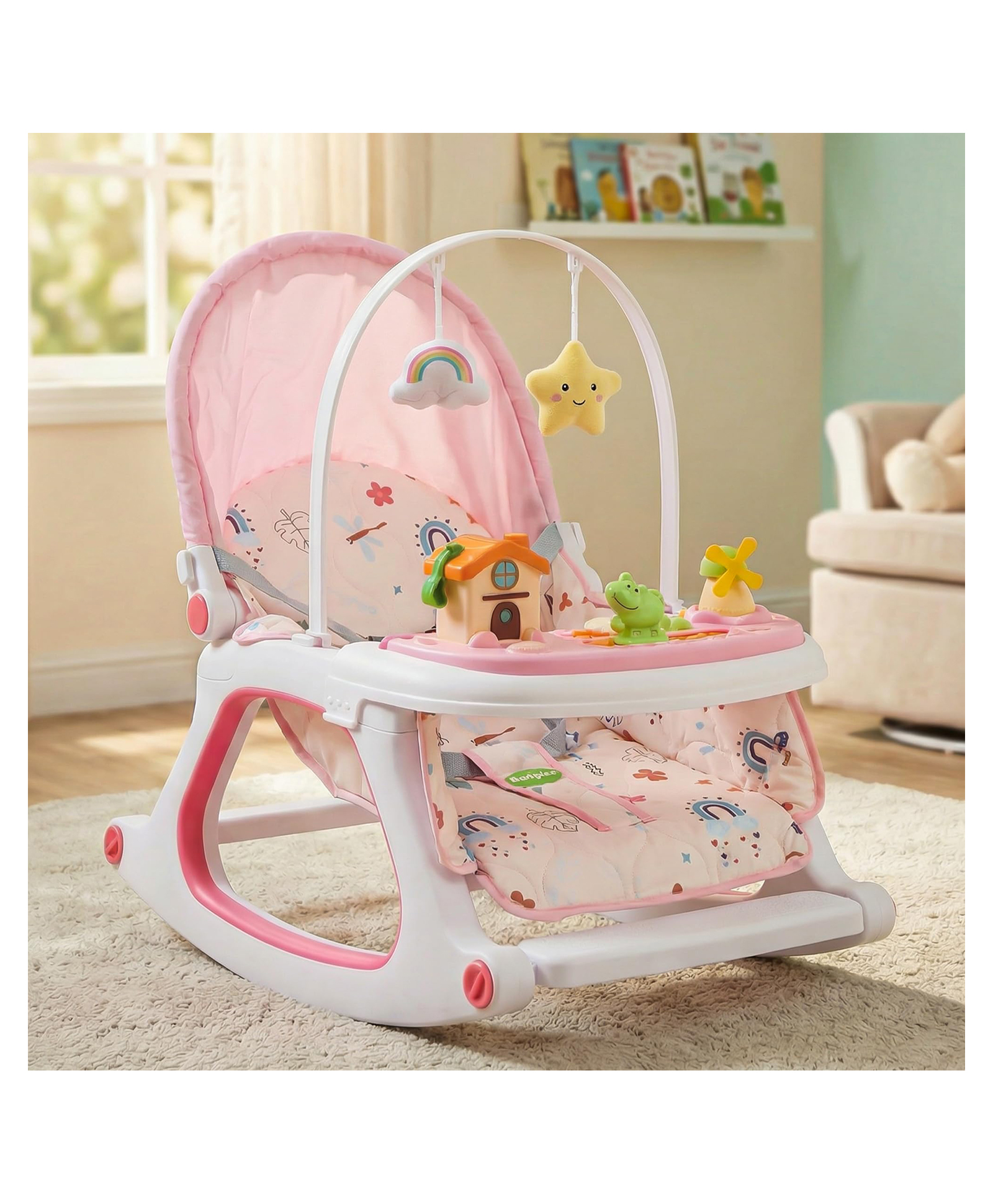 Baybee 3 in 1 Baby Rocker & Feeding Chair | Soothing Rocking Motion with Adjustable Recline, Removable Food & Toy Tray, Safety Harness | Baby Rocker for 0 to 3 Years (Pink)