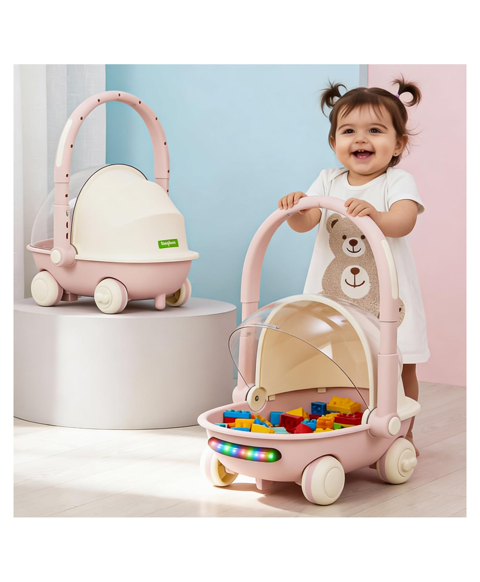 Baybee Kids Shopping Cart with Push Walker & Storage Basket | Light & Music Baby Walker for 6+ Months | Foldable Adjustable Handle, Lockable Wheels & Closing Lid (Pink)-picture-16