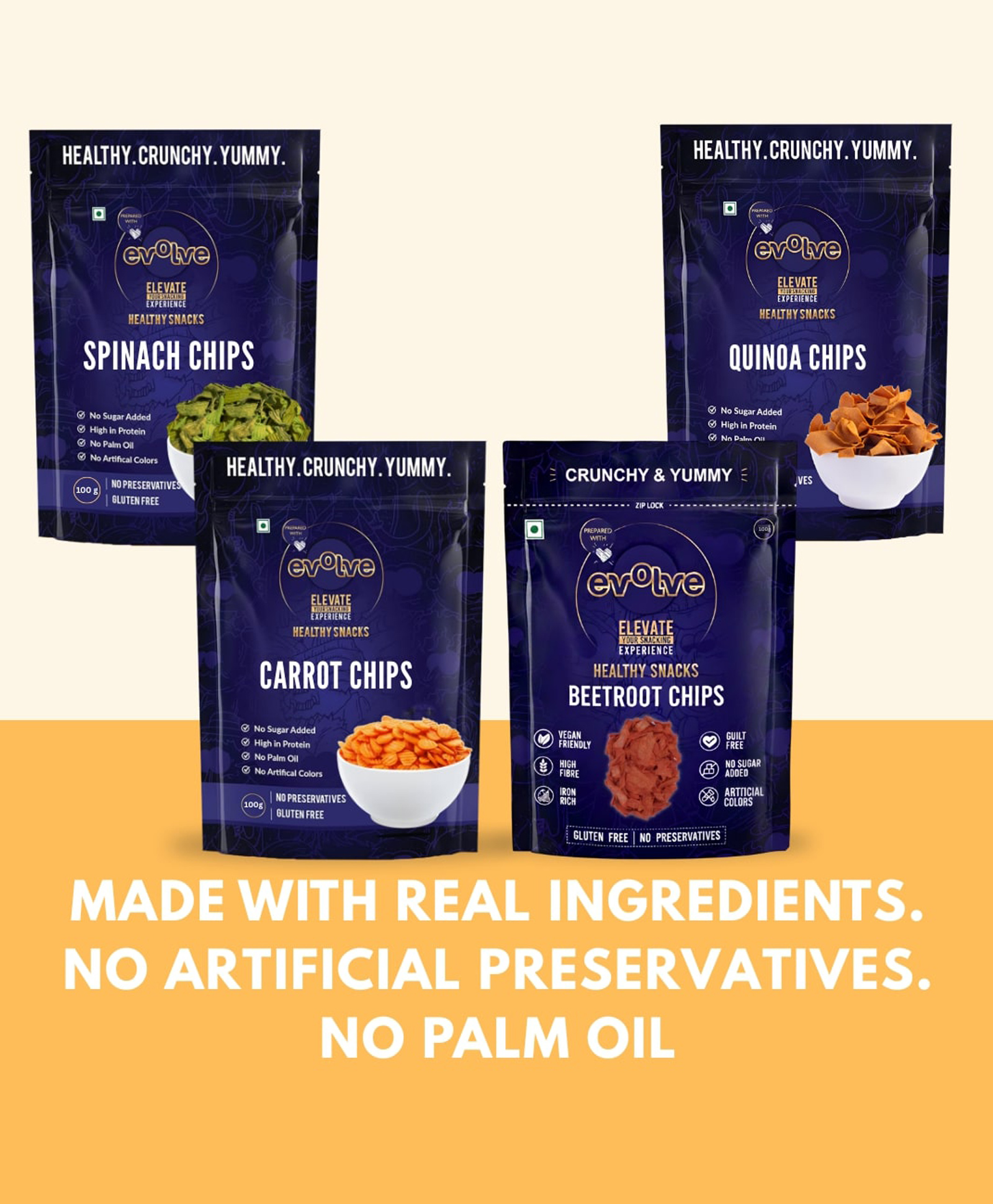 Evolve Super Veggie Combo | Beetroot Chips, Carrot Chips, Spinach Chips & Quinoa Chips | Crunchy Veggie & Supergrain Snack Combo | Wholesome & Tasty Munchies | 400g (100g Each, Pack of 4)-picture-17