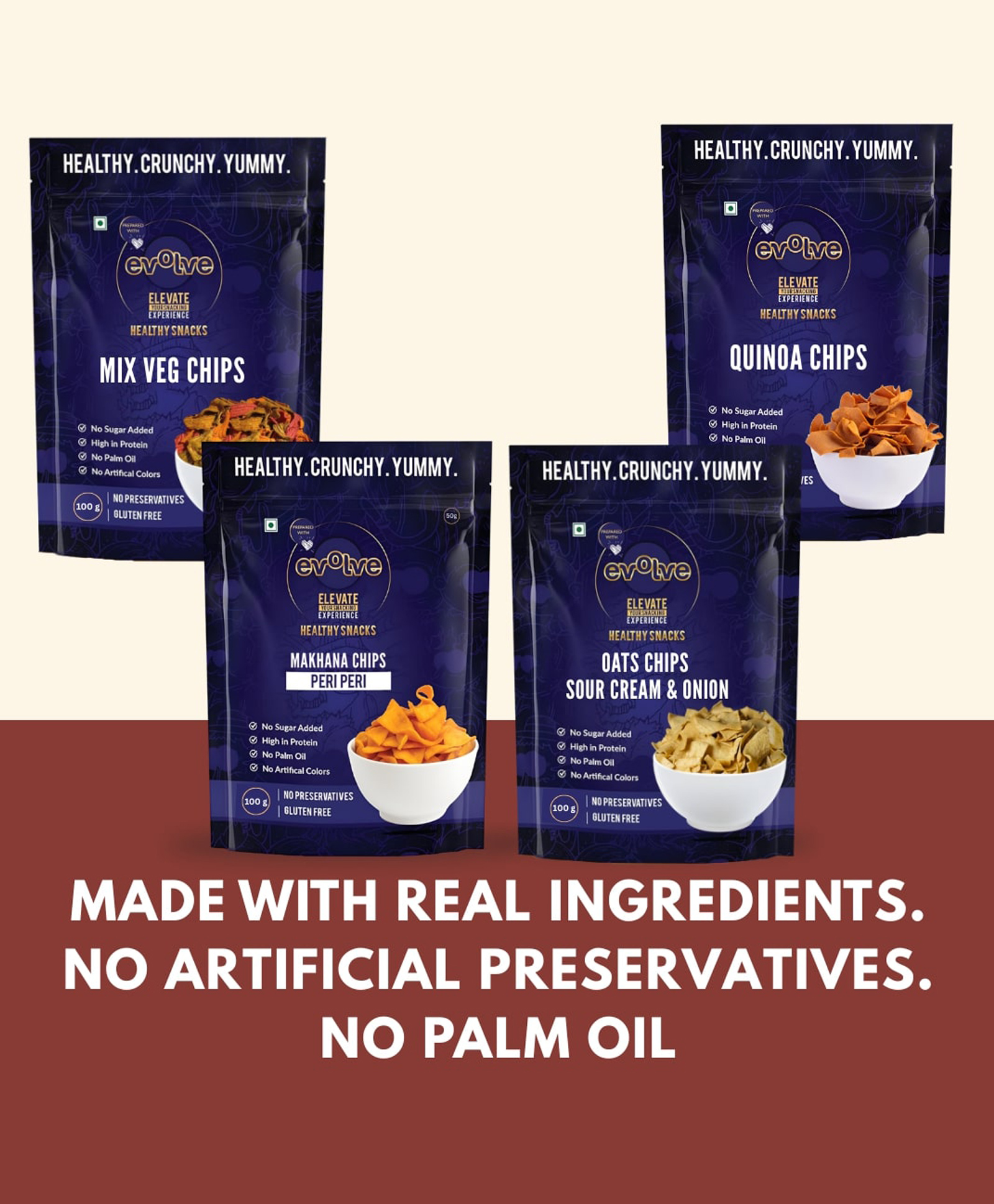Evolve Creamy & Crunchy Snack Combo | Oats Sour Cream Chips, Makhana Chips, Quinoa Chips & Mixed Veg Chips | Crunchy Grain & Foxnut Snack Combo | Tasty Munchies | 400g (100g Each, Pack of 4)-image-40