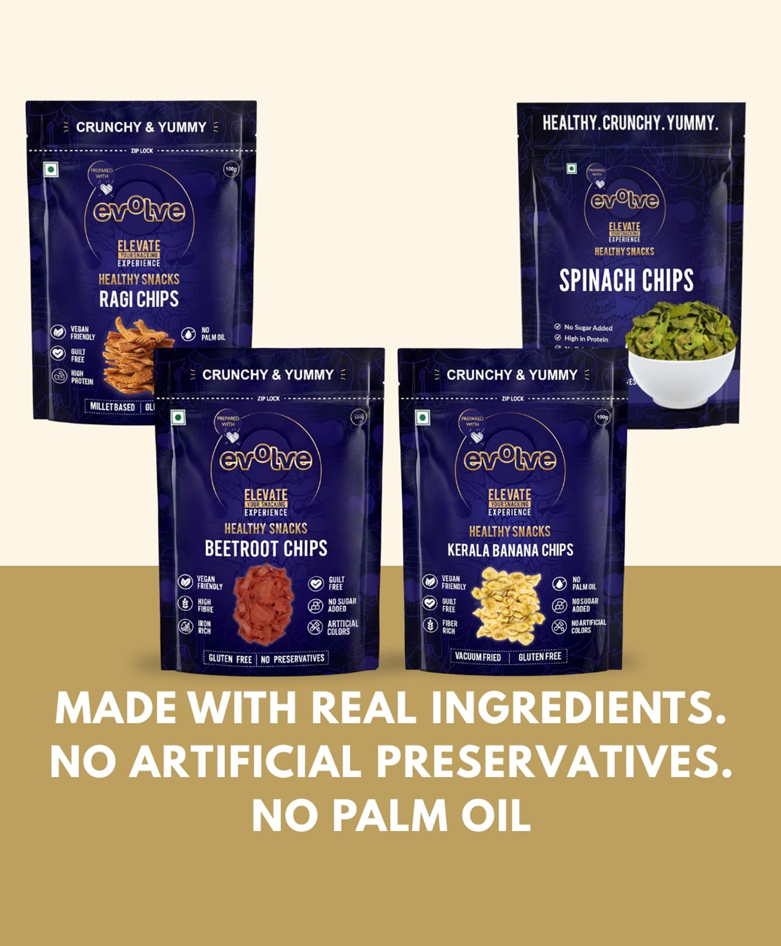 Evolve Veggie & Millet Crunch Combo | Ragi Chips, Spinach Chips, Beetroot Chips & Banana Chips | Crunchy Veggie Snack Combo Made with Grains | Tasty Munchies | 400g (100g Each, Pack of 4)-image-41